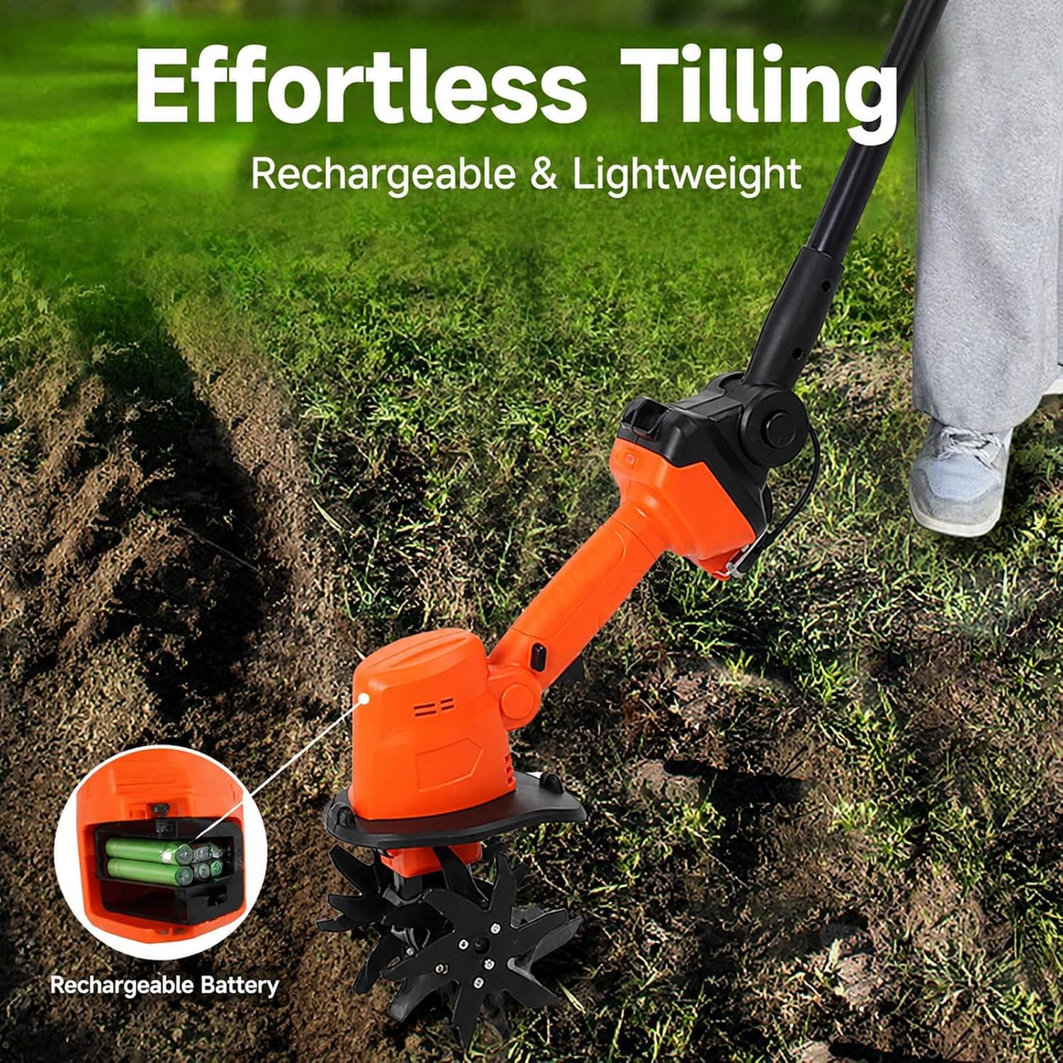 Cordless Mini Tiller Cultivator 4in Working Width with 2 X 1.5Ah Batteries, Electric Gardening Tool - Fast 235RPM, Lightweight Ergonomic Design for Lawns and Greenhouses