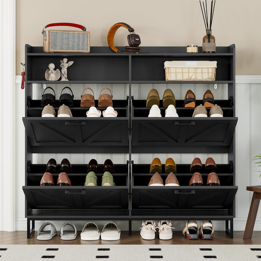 BORNOON Shoe Cabinet with 4 Flip Drawers Narrow Shoe Storage Cabinet Organizer Wooden Freestanding Shoe Rack Hidden Slim Shoes Storage Cabinet for Entryway, Hallway, Living Room, Bedroom