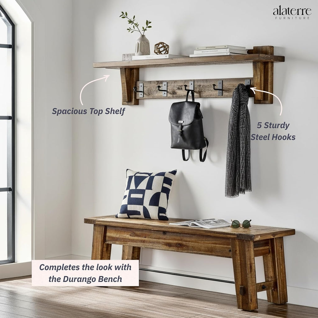 Durango Industrial Wood Coat Hook Entryway Shelf, Home Storage, Accent Furniture, Living Room Furniture, Rustic, Farmhouse, Industrial, Solid Wood