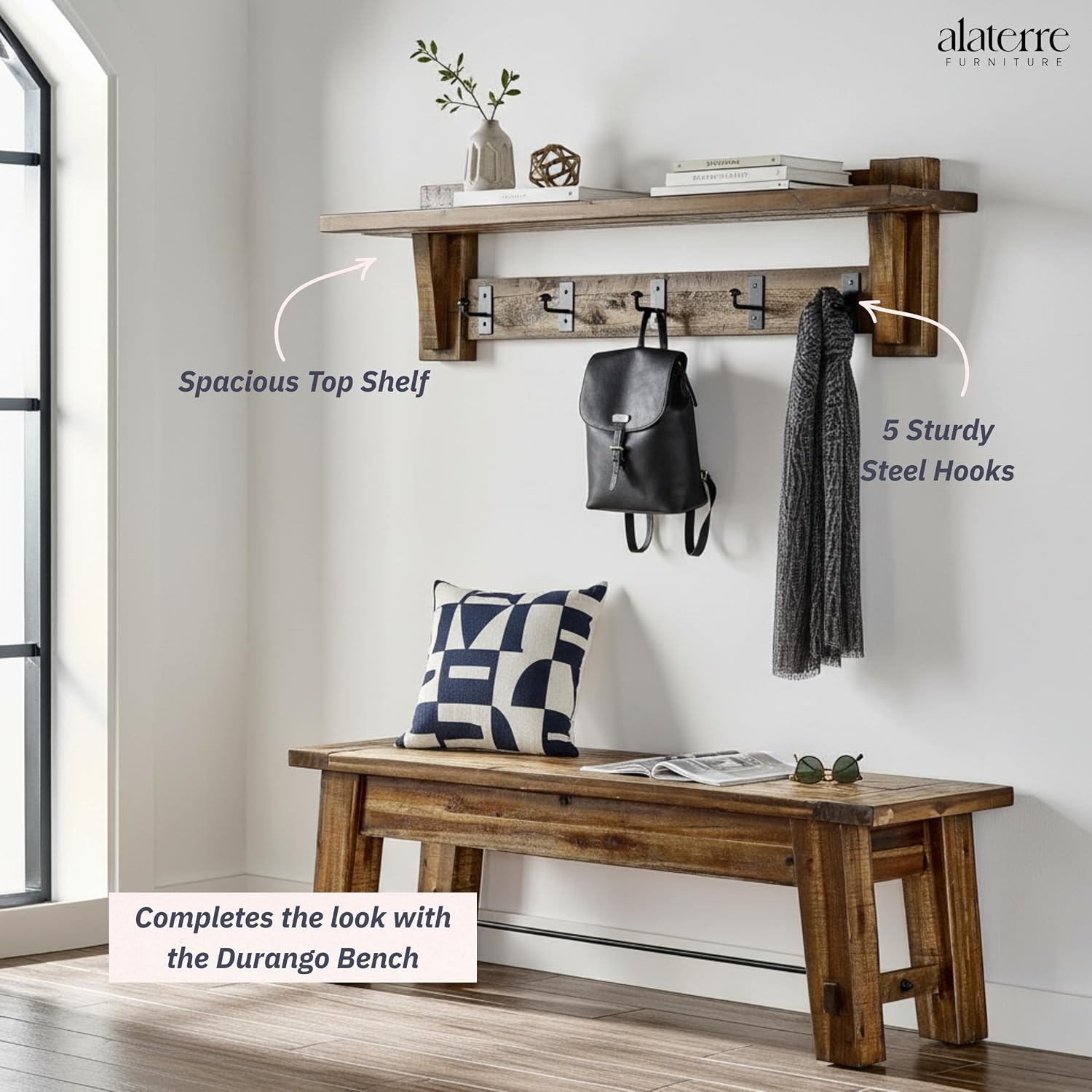 Durango Industrial Wood Coat Hook Entryway Shelf, Home Storage, Accent Furniture, Living Room Furniture, Rustic, Farmhouse, Industrial, Solid Wood
