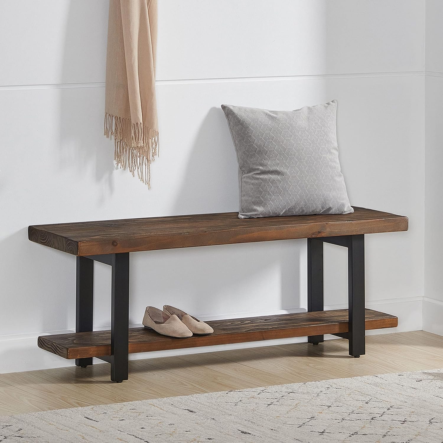 Alaterre Furniture Pomona Entryway Bench and Coat Hook Set – Modern Rustic 48-Inch Solid Wood Bench & Wall Mounted Coat Hook Set for Jackets, Bags & Shoes in Mudroom or Hallway (Rustic Brown)