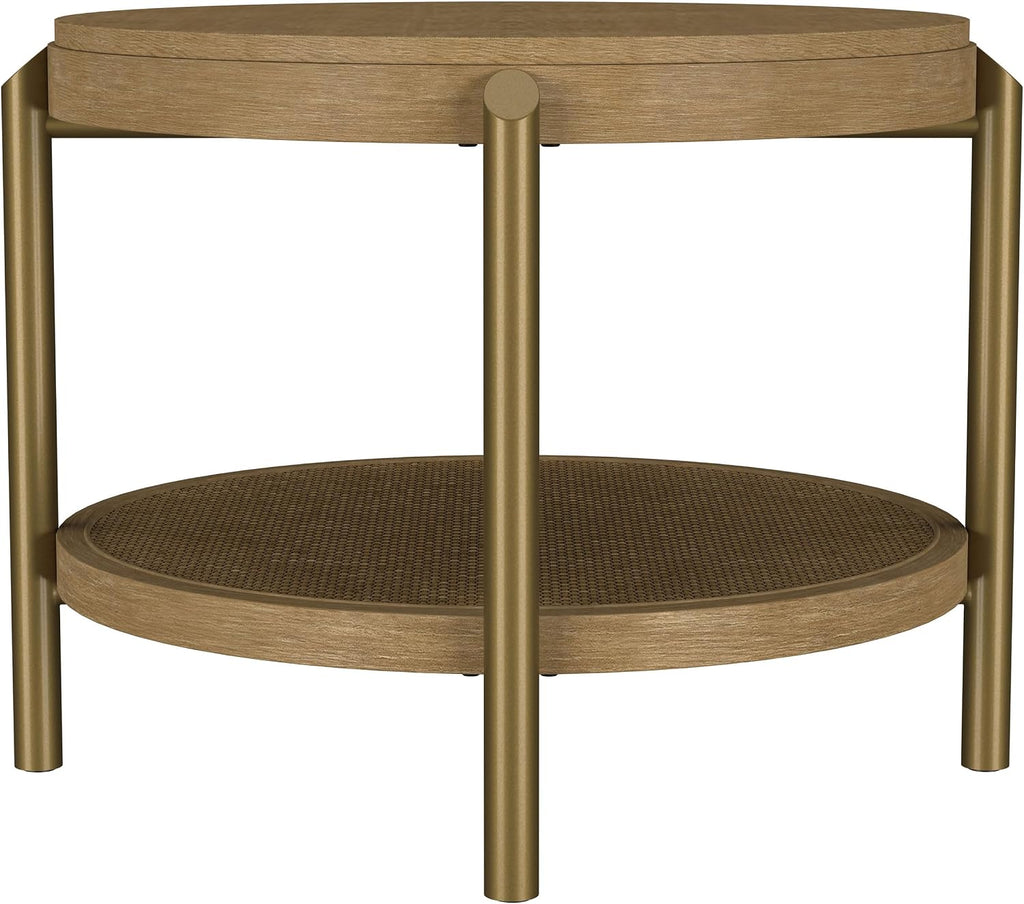 Coaster Home Furnishings - Arini - Wood and Metal - Round End Table with Dual-Tier Design, Woven Rattan Shelf and Aged Brass Legs - Living Room - 26-Inch - Sand Wash - 706187