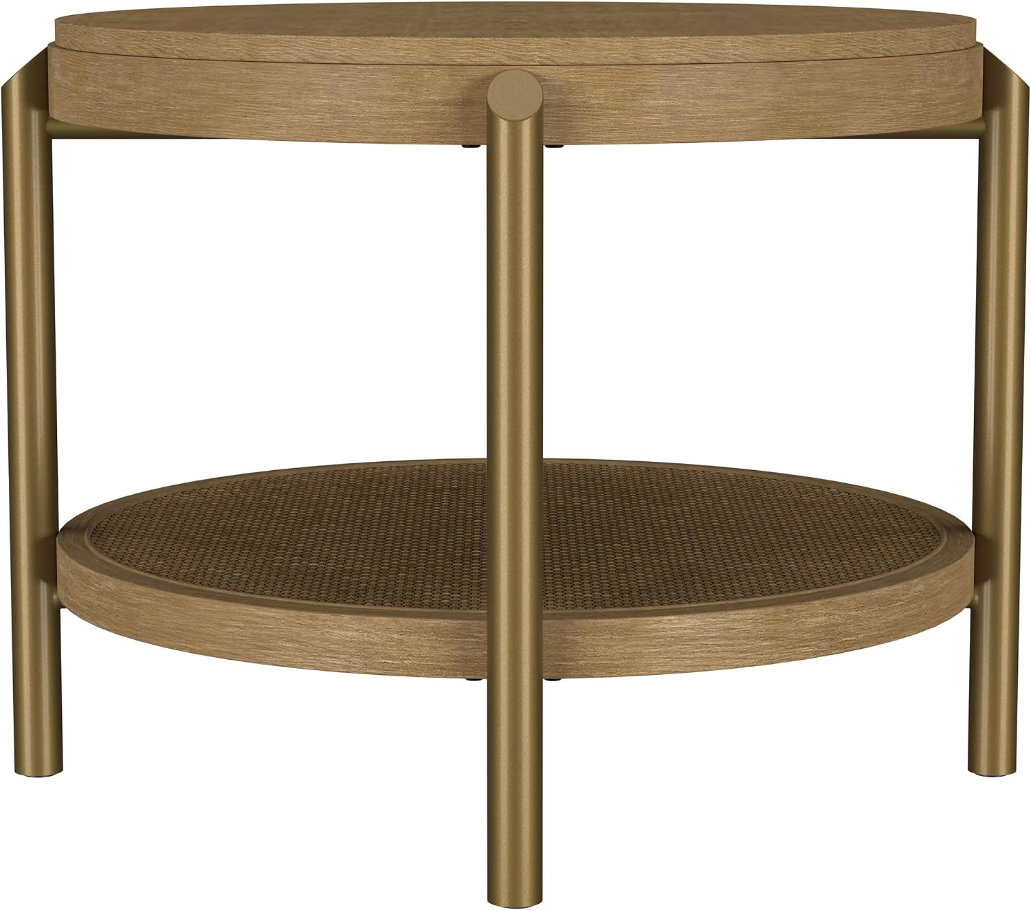 Coaster Home Furnishings - Arini - Wood and Metal - Round End Table with Dual-Tier Design, Woven Rattan Shelf and Aged Brass Legs - Living Room - 26-Inch - Sand Wash - 706187