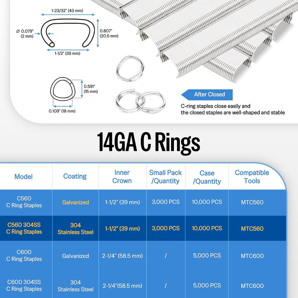 meite C560-14 Gauge 1-1/2-Inch Crown Stainless Steel Heavy Duty C Ring Staples Compatible with MTC560 Hog Ring Plier in Fastening, Building Landscape Gabions (10,000 PCS/Box)