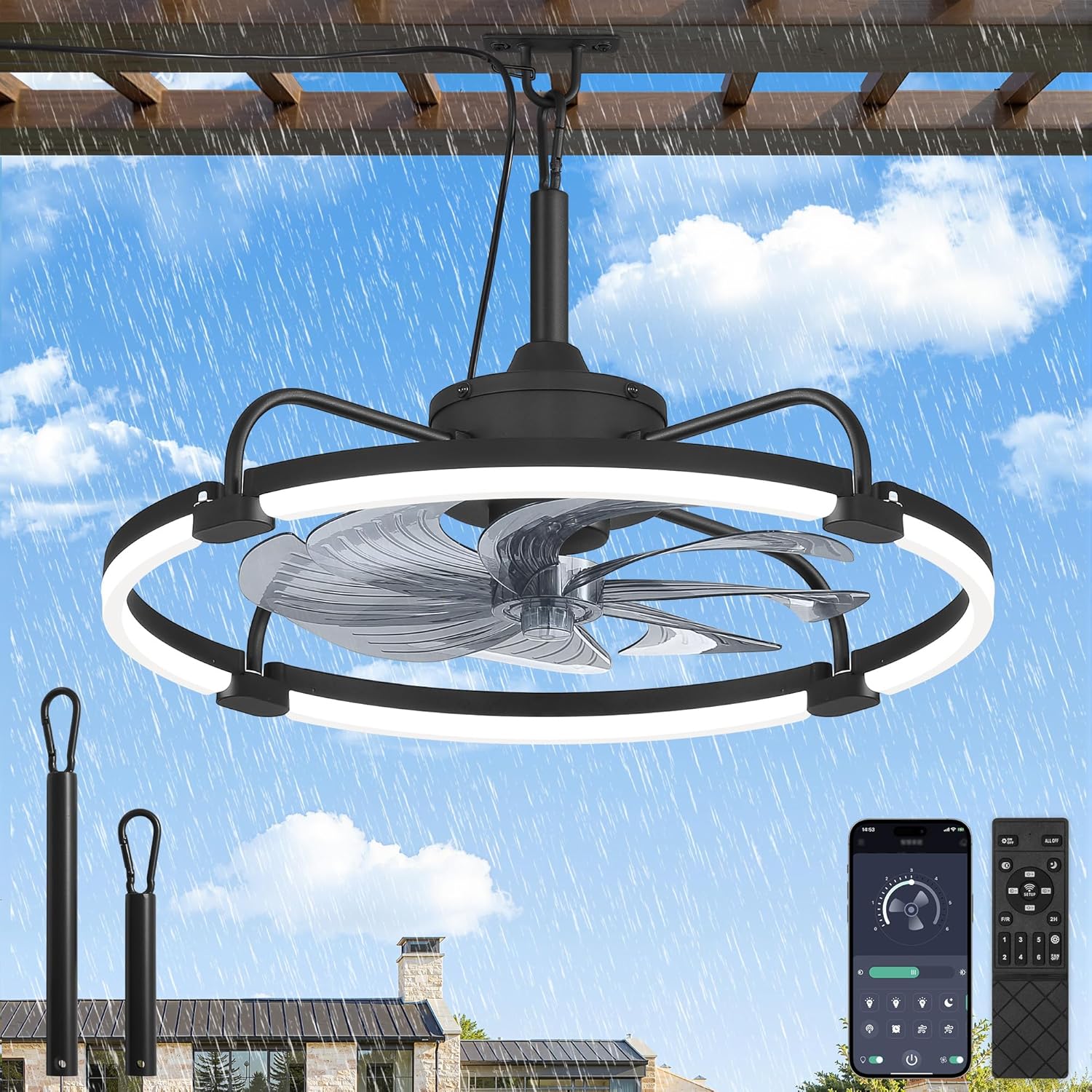LEDIARY 24' Outdoor Ceiling Fans with Light for Patios, IP65 Waterproof Gazebo Fan, Plug-in Hanging Fan Remote&APP Control, 3CCT Dimmable, 6-Speeds, Caged Ceiling Fan for Gazebo,Patio,Pergola,Porch