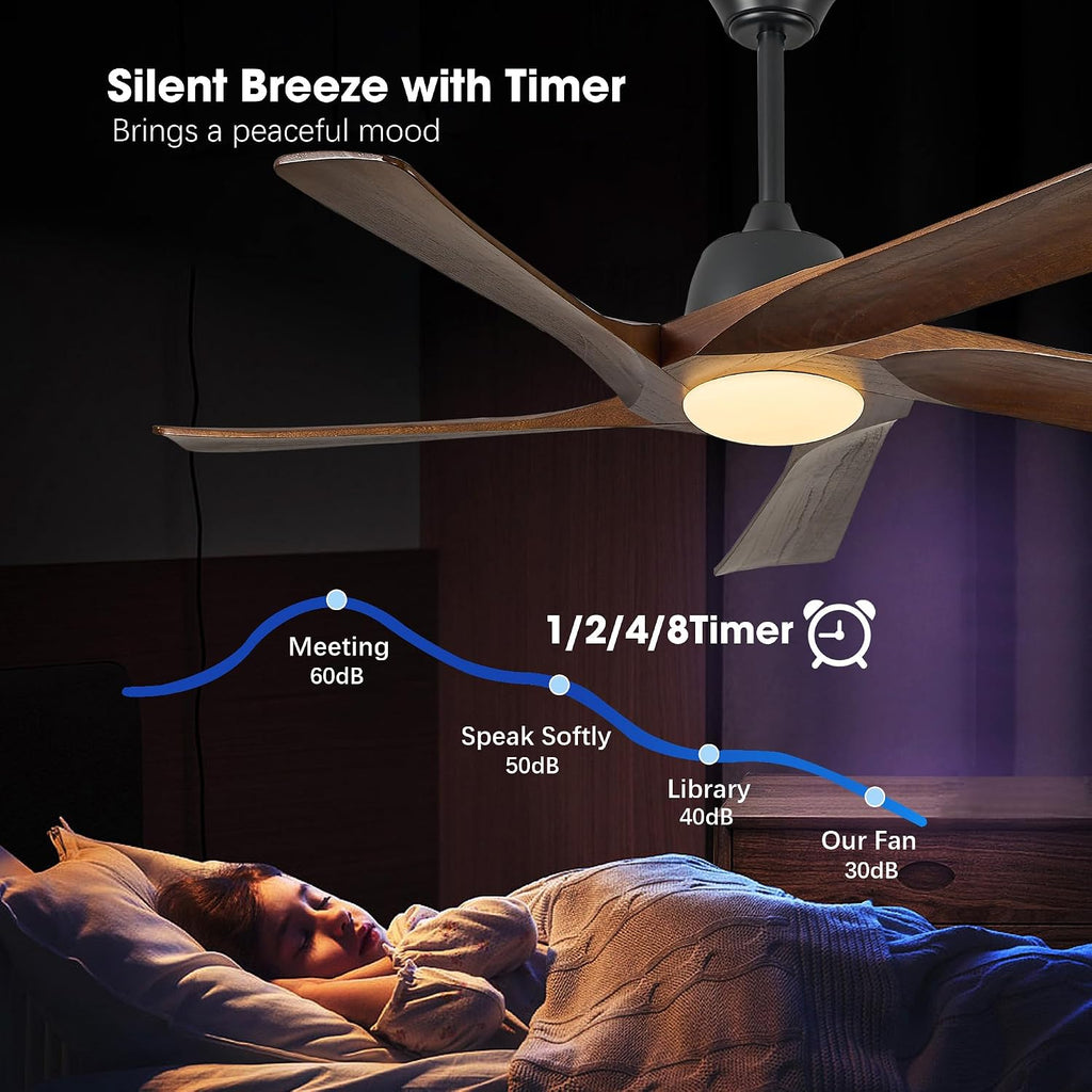 52' DC Ceiling Fan with Light, 5 Solid Wood Blades, Remote and APP Control, 3-color Dimmable, 6-speed Reversible, Quiet Ceiling Fan for Bedroom, Living Room, Dark Walnut