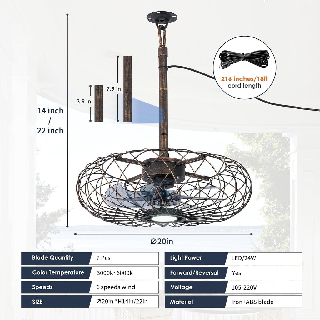 Miuyhji Retro Outdoor Ceiling Fans with LED Light, 20' Waterproof Gazebo Fan Plug in Caged Industrial Fandelier Ceiling Fan with Remote, 6 Speeds Adjustable Height Fan for Bedroom Living Room Pergola