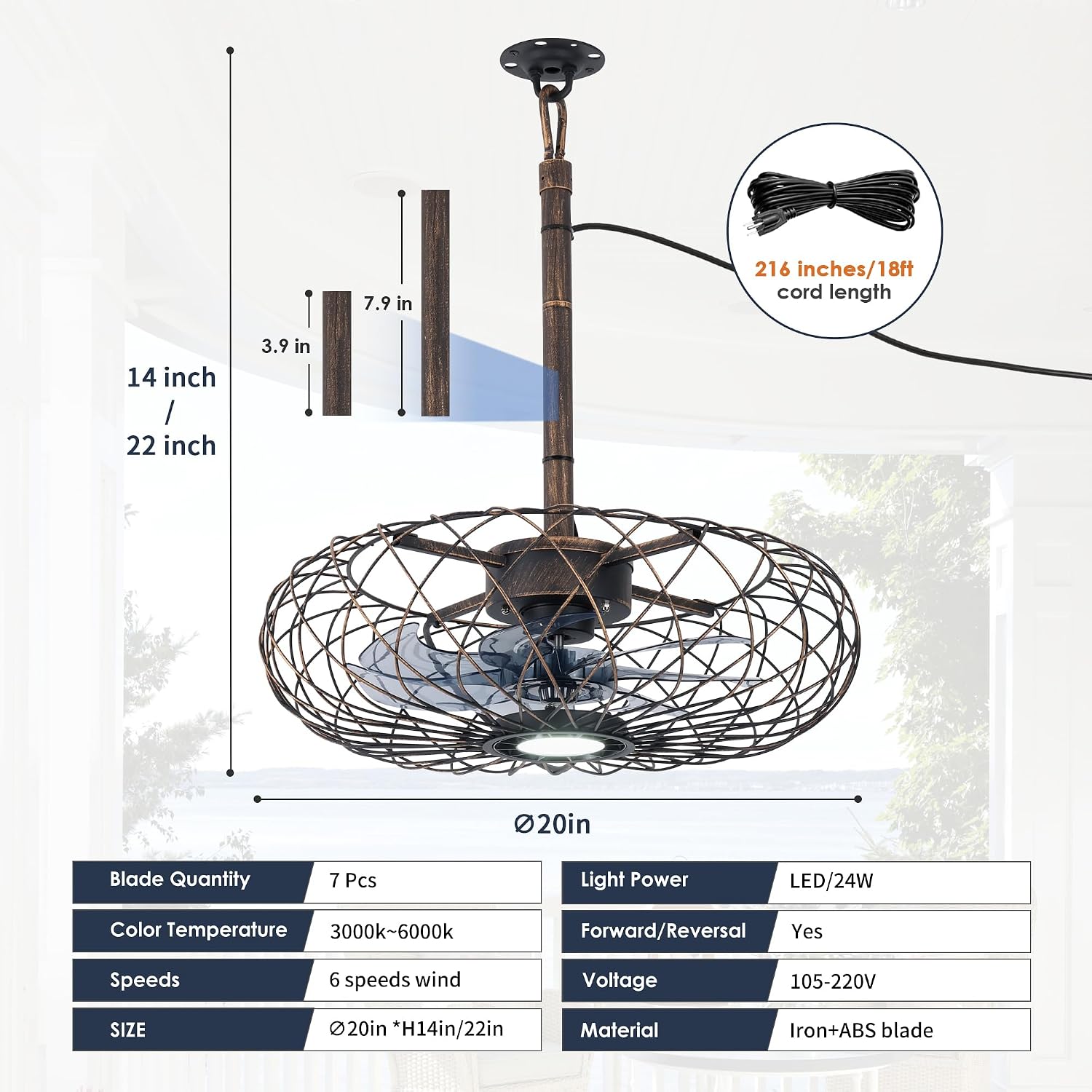 Miuyhji Retro Outdoor Ceiling Fans with LED Light, 20' Waterproof Gazebo Fan Plug in Caged Industrial Fandelier Ceiling Fan with Remote, 6 Speeds Adjustable Height Fan for Bedroom Living Room Pergola