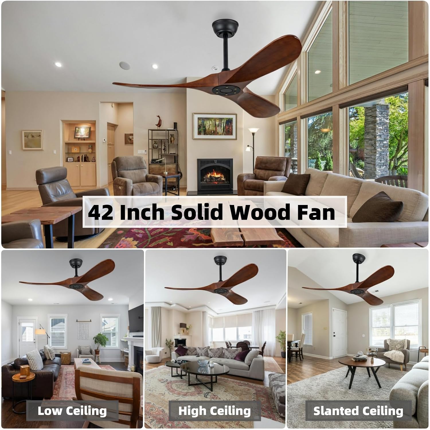 42 Inch Ceiling Fan Unlit, Solid Wood Ceiling Fan Unlit, with Remote Control, Reversible DC Motor, Indoor Bedroom Living Room Office Outdoor Patio Ceiling Fan