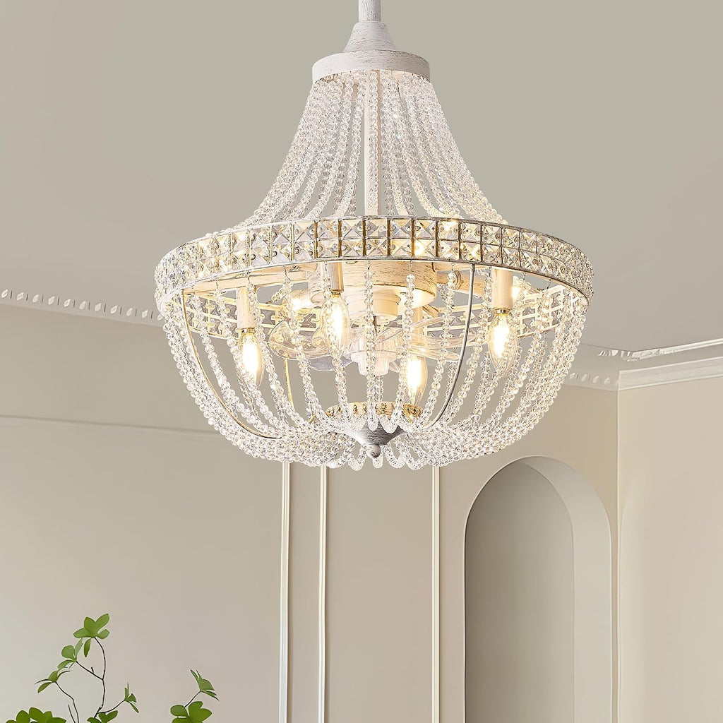 20' Modern Crystal Chandelier Ceiling Fan with Lights, Remote & App Control, 6 Speed, 8-Lights French Empire Fandelier, for Bedroom, Dining Room (Retro White)