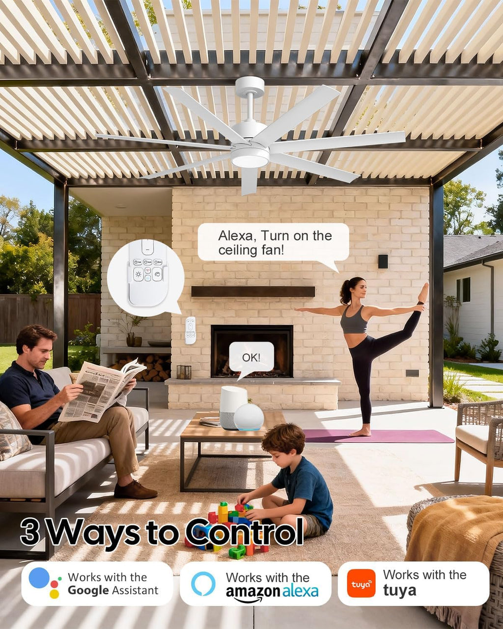 Outdoor Smart Ceiling Fan with Light Waterproof for Patio, Wet Rated All Weather Fan with UV Coating, App/Voice/Remote Control, High CFM, 56 IN White Ceiling Fan for Pergola Porch Gazebo Terraces