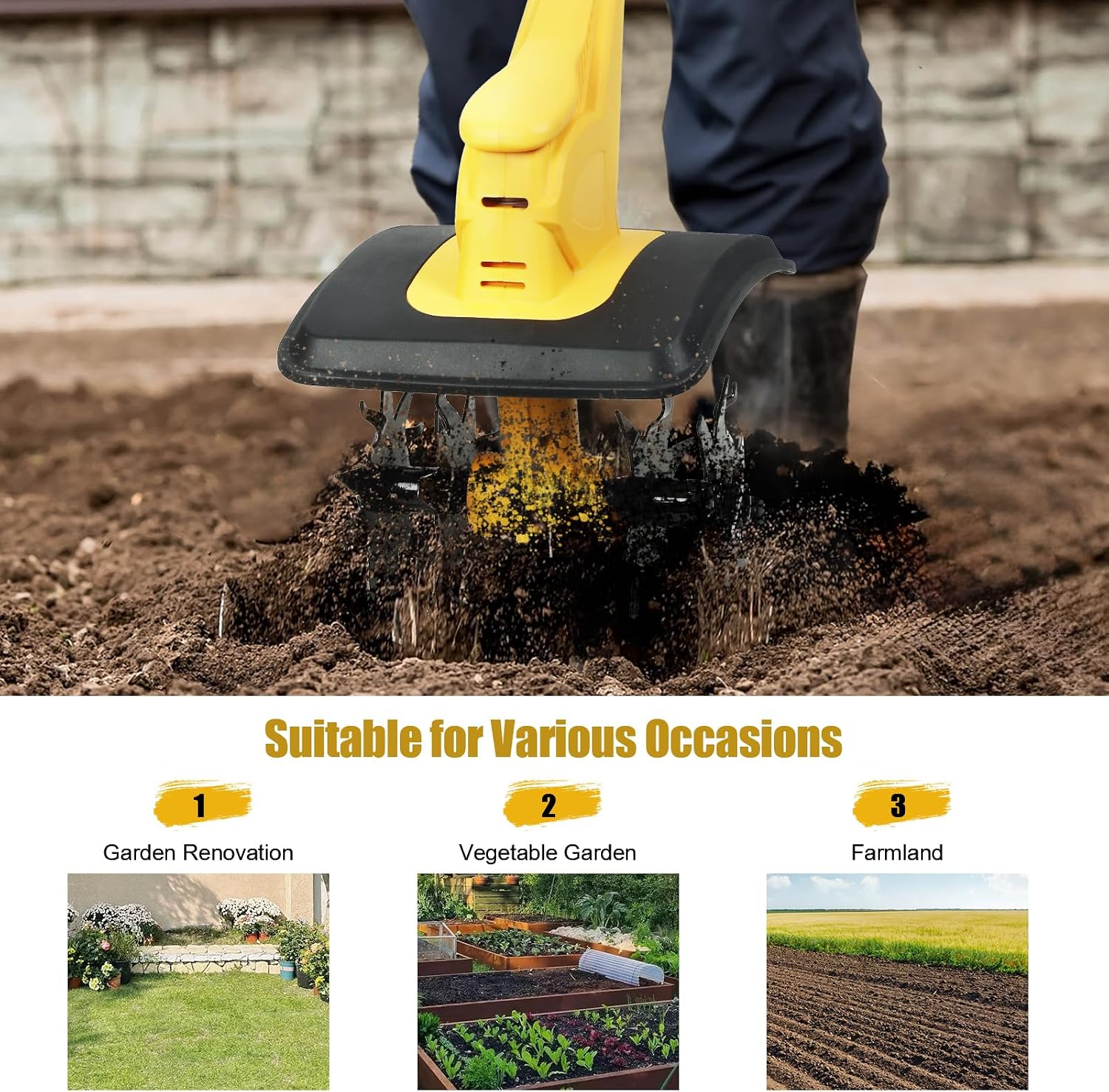 21V Cordless Tiller Cultivator, 310RPM Battery Powered Garden Rototiller with 2 * 3000mAh Batteries & Charger, 9In Tilling Width & 6.6In Depth Electric Tiller for Lawn, Gardening, Soil Cultivation
