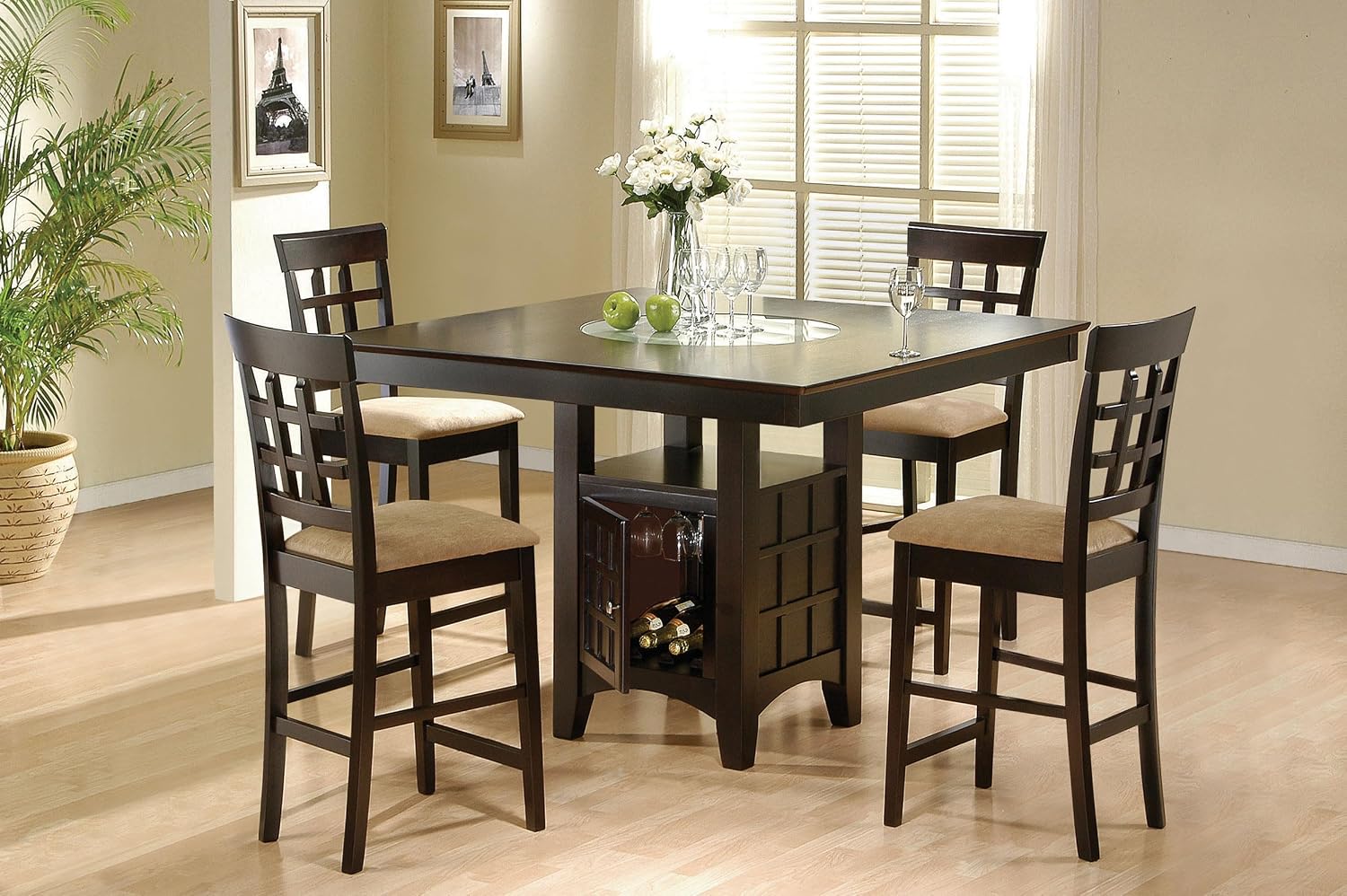 Coaster Home Furnishings - Gabriel - 5-Piece Counter Height Dining Set - Square Wood Table with Storage & 4 Upholstered Lattice-Back Chairs - Dining Room & Kitchen - Cappuccino - 100438-S5
