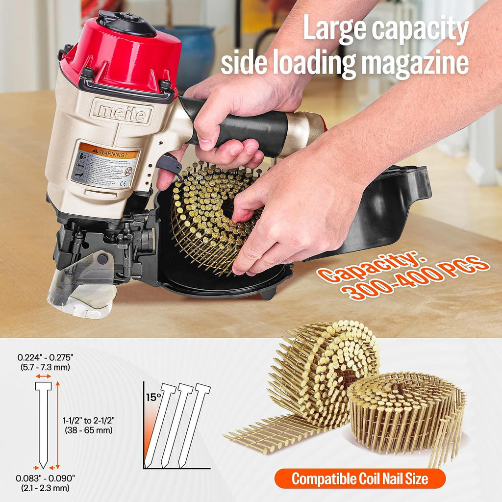 meite CN55 Coil Nailer Pneumatic Nail Gun 15 degree 1' to 2-1/4' Coil Nails, Heavy Duty Air Coil Nailer with Coil Nail Magazine 300PCS for Hardwood Projects Pallets Framing Sheathing