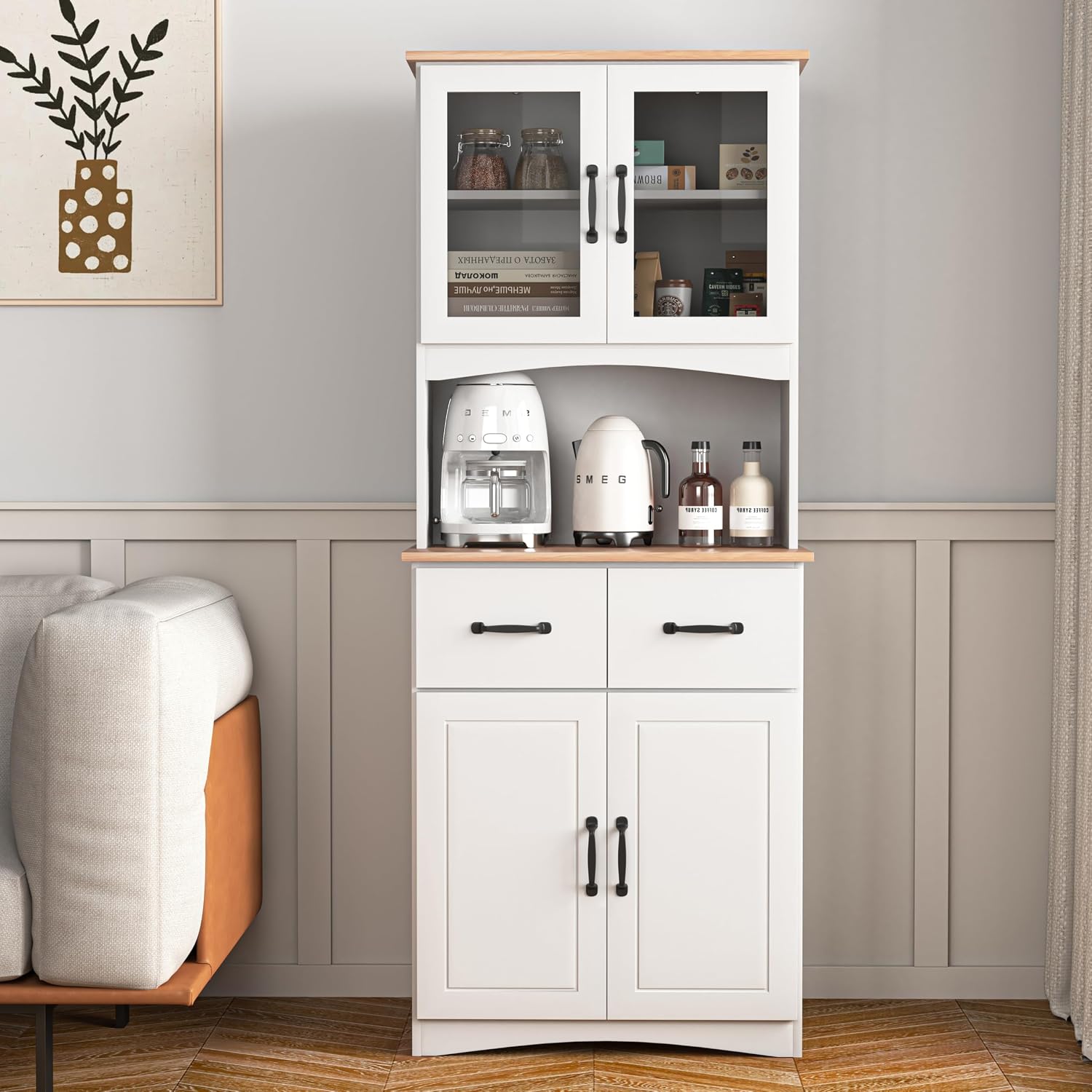 GDFStudio Wooden Kitchen Pantry Cupboard with Framed Glass Doors & Drawer, Freestanding Storage Cabinet Hutch, Kitchen Living Room Rectangle Storage Cabinet, Home Organization Cupboard, White