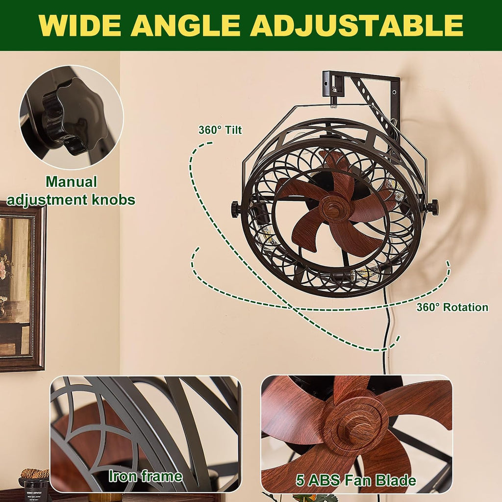 20' Wall Mount Fan with Lights, Wall Mounted Fan with Remote, 360° Adjustable Tilt Plug In Wall Fan, Indoor Industrial Fan Wall Mount for Garage, Bedroom, Workshop, Warehouse