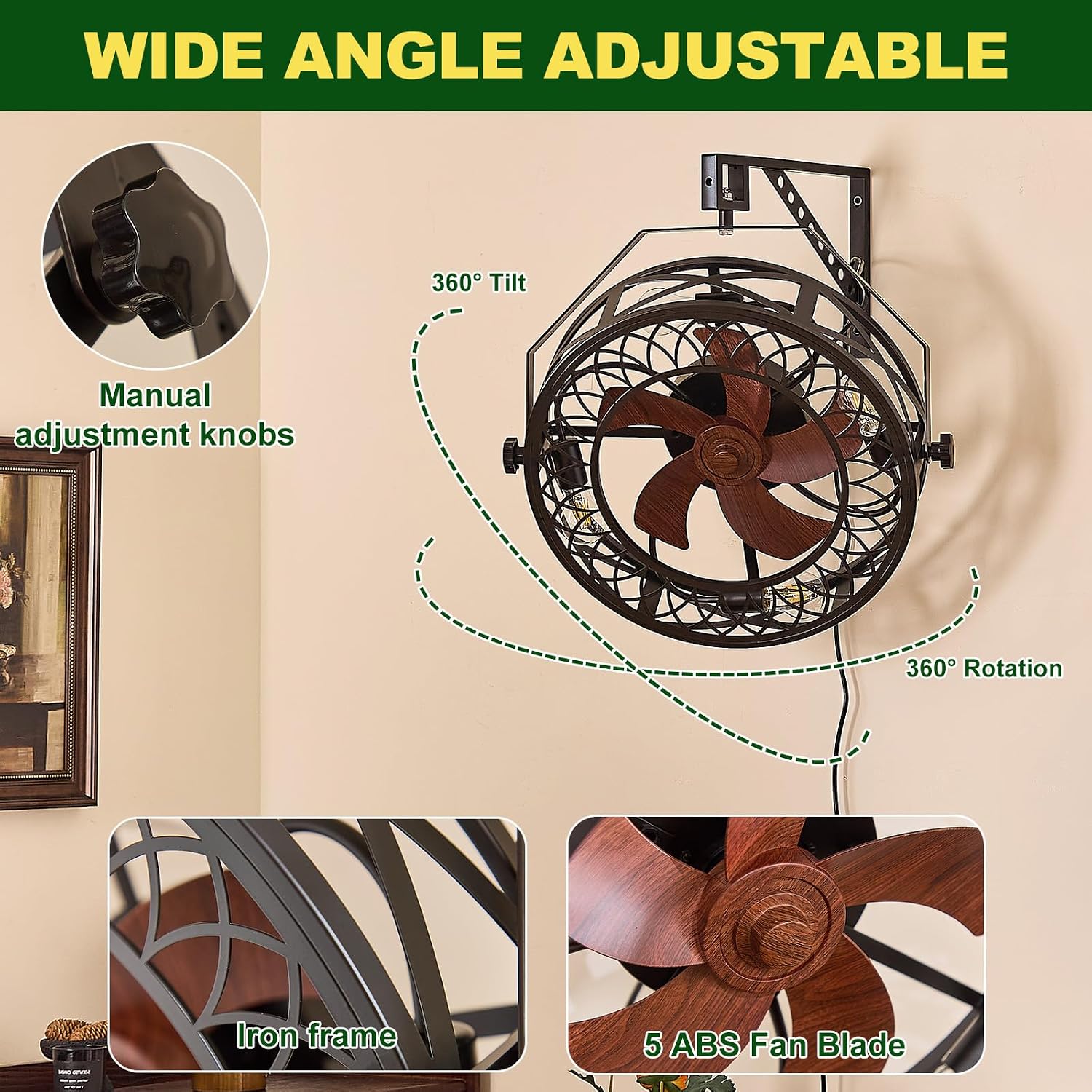20' Wall Mount Fan with Lights, Wall Mounted Fan with Remote, 360° Adjustable Tilt Plug In Wall Fan, Indoor Industrial Fan Wall Mount for Garage, Bedroom, Workshop, Warehouse