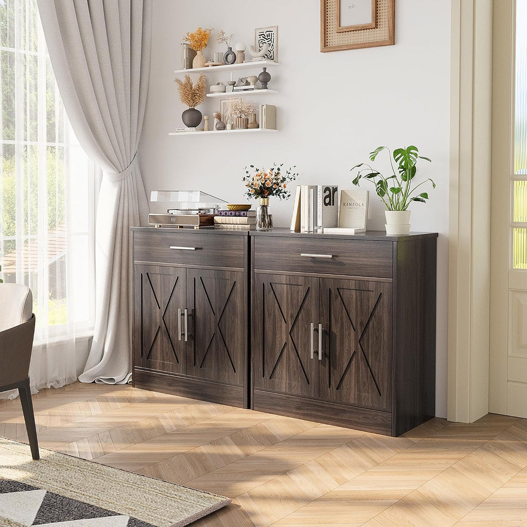 Shintenchi Farmhouse Storage Cabinets with Doors and Shelves,Kitchen Barn Door Storage Cabinet with Drawers,Coffee Bar Cabinet Buffest Sideboard for Dining Living Room,Bathroom,Entryway,Dark Brown