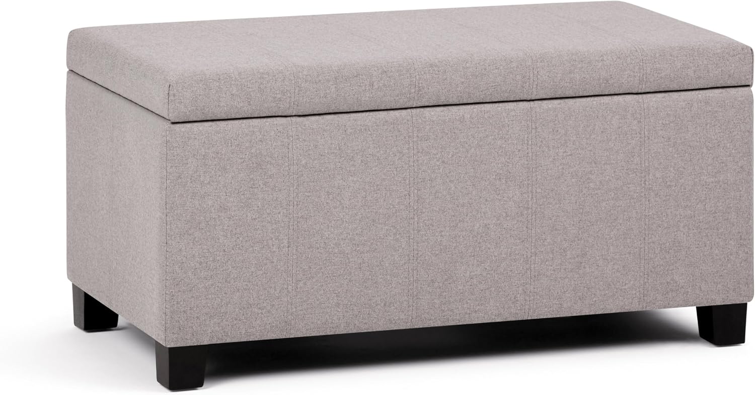 SIMPLIHOME Dover Storage Ottoman Bench - 36 inch Wide Upholstered Linen Look Fabric Rectangular Lift-Top Ottoman in Cloud Grey, Contemporary Bench for Living Room with Safety Hinges