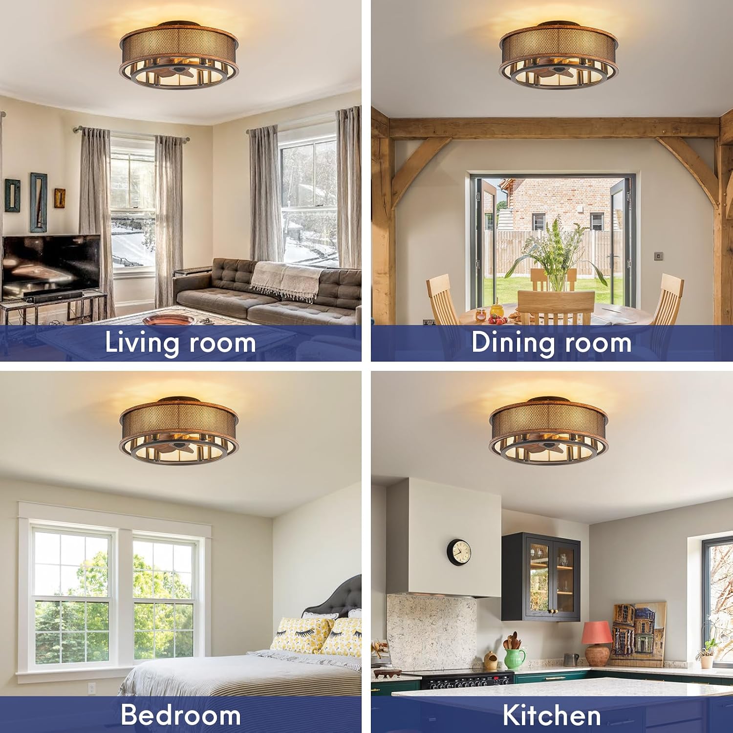 20 Inch Ceiling Fans with Lights, Flush Mount Ceiling Fan with 6 Speeds, Ultra Quiet Modern Fandelier for Bedroom, Living Room, Indoor,Ourdoor Use(Dark Walnut)