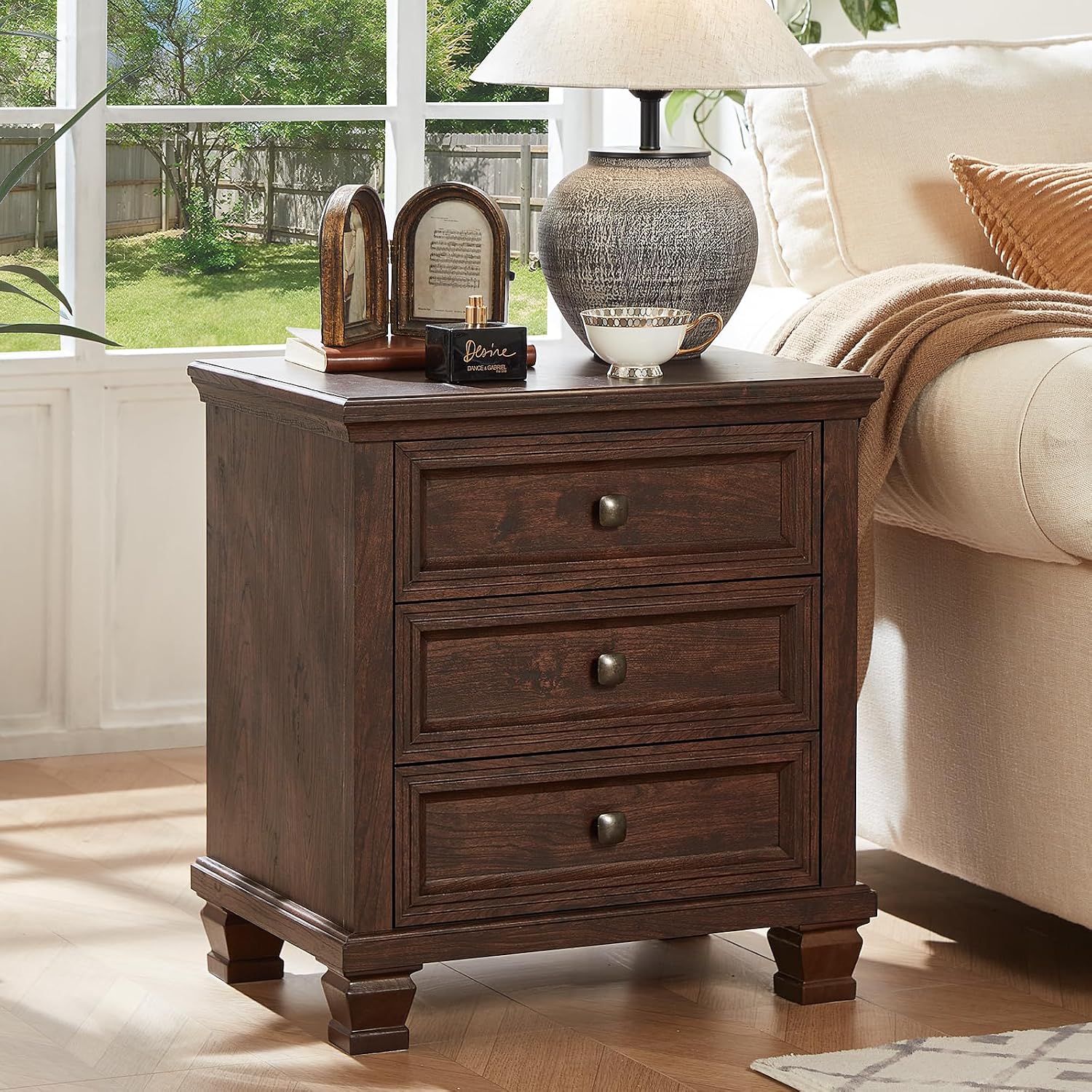 SAVOR LIFE Farmhouse Nightstand with 3 Drawers, Rustic Couch End Table with 4 Square Solid Wood Legs, Mid-Century Modern Bed Side Table with Storage, Small Dresser for Bedroom, Living Room, Walnut