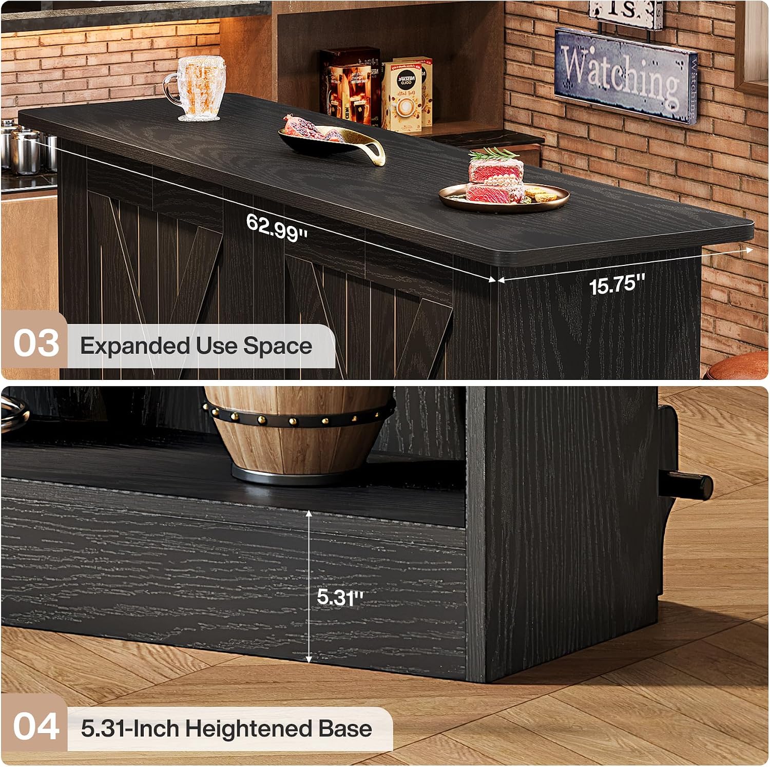 Tribesigns 63-Inch Bar Table, 2-Tier Bar Cabinet Height Pub Table with Footrest, Modern Coffee Cabinet for Home Kitchen, Large Home Unit Liquor Furniture, Bistro, Dining Room, Living Room (1, Black)