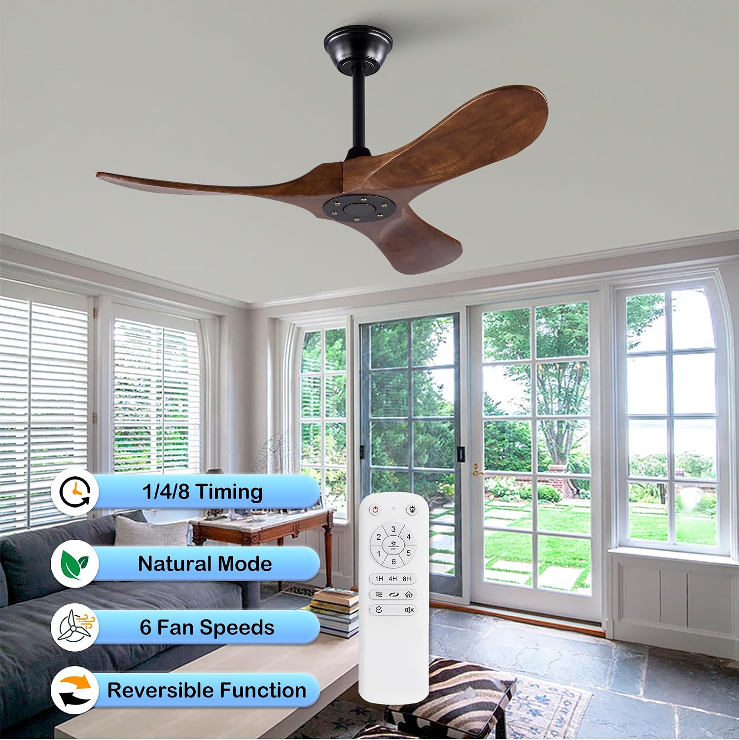 42' Solid Wood Ceiling Fan, Outdoor, 3 Blade, No Light, Walnut, for Patio Living Room Bedroom Porch, Remote Control, Water Resistant