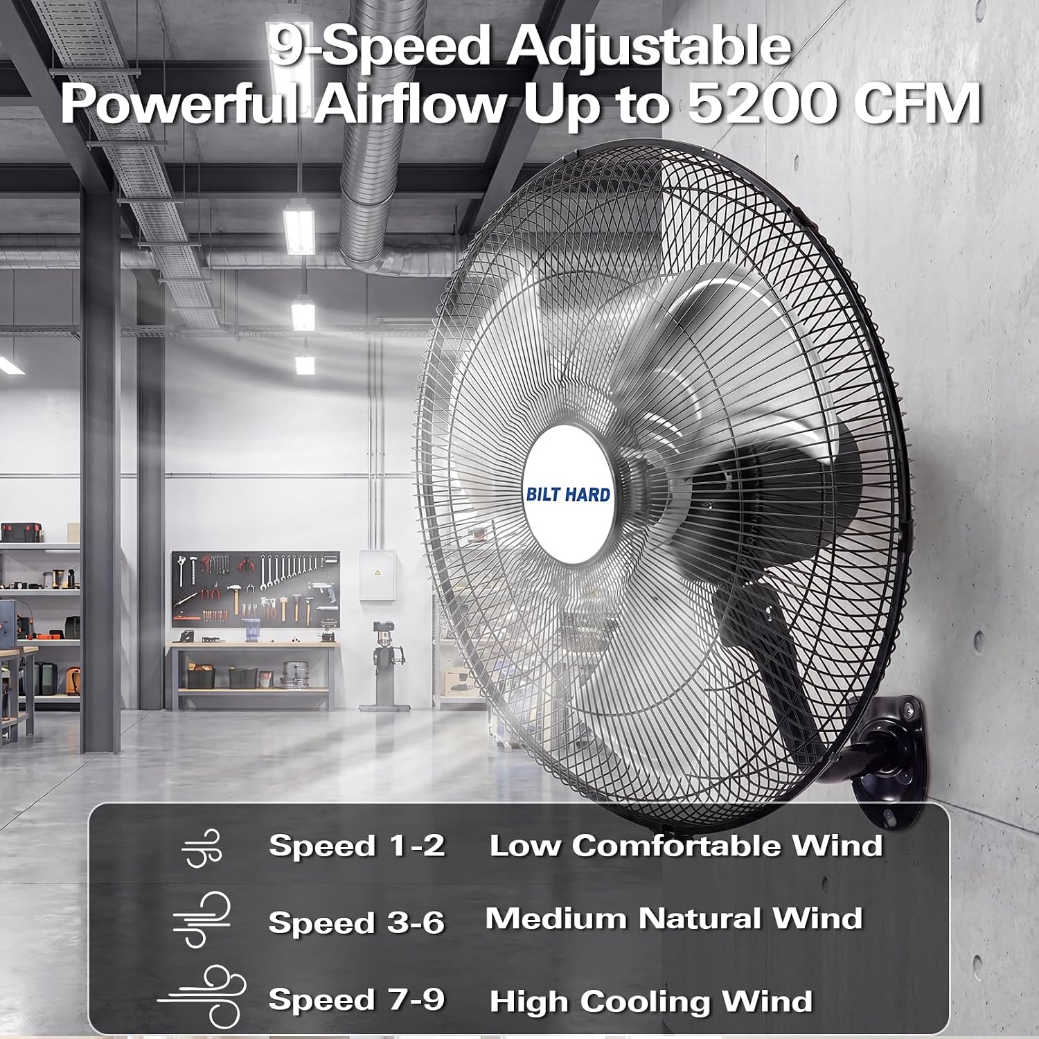 BILT HARD 20' 5200 CFM Wall Mounted Fan with Remote Control, 9-Speed Oscillating Wall Fan with DC Motor, High Velocity Whisper-Quiet Industrial Shop Fan for Garage, Warehouse