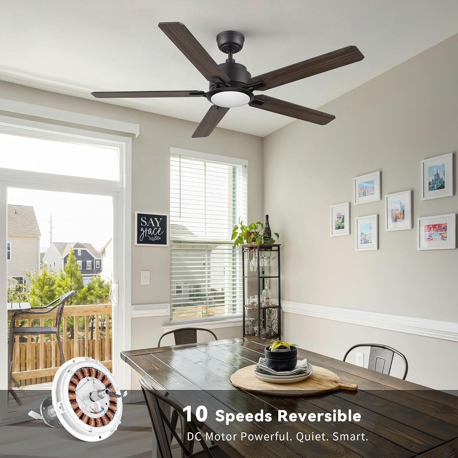 SMAFAN 52' Smart Low Profile Ceiling Fan With Lights, 10 Speeds Silent DC Motor, Farmhouse Ceiling Fan Compatible with Alexa, Siri, Google & Smart App, Indoor & Outdoor, Dark Walnut