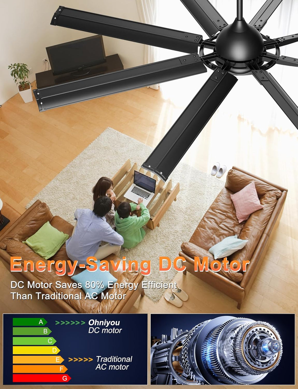 Ohniyou 72 Inch Industrial Ceiling Fan with Lights Remote Control, Black Large Ceiling Fan with 8 Aluminum Blades, 3 CCT, 6-Speed Quiet DC Motor for Living Room, Covered Outdoor, Shop, Garage