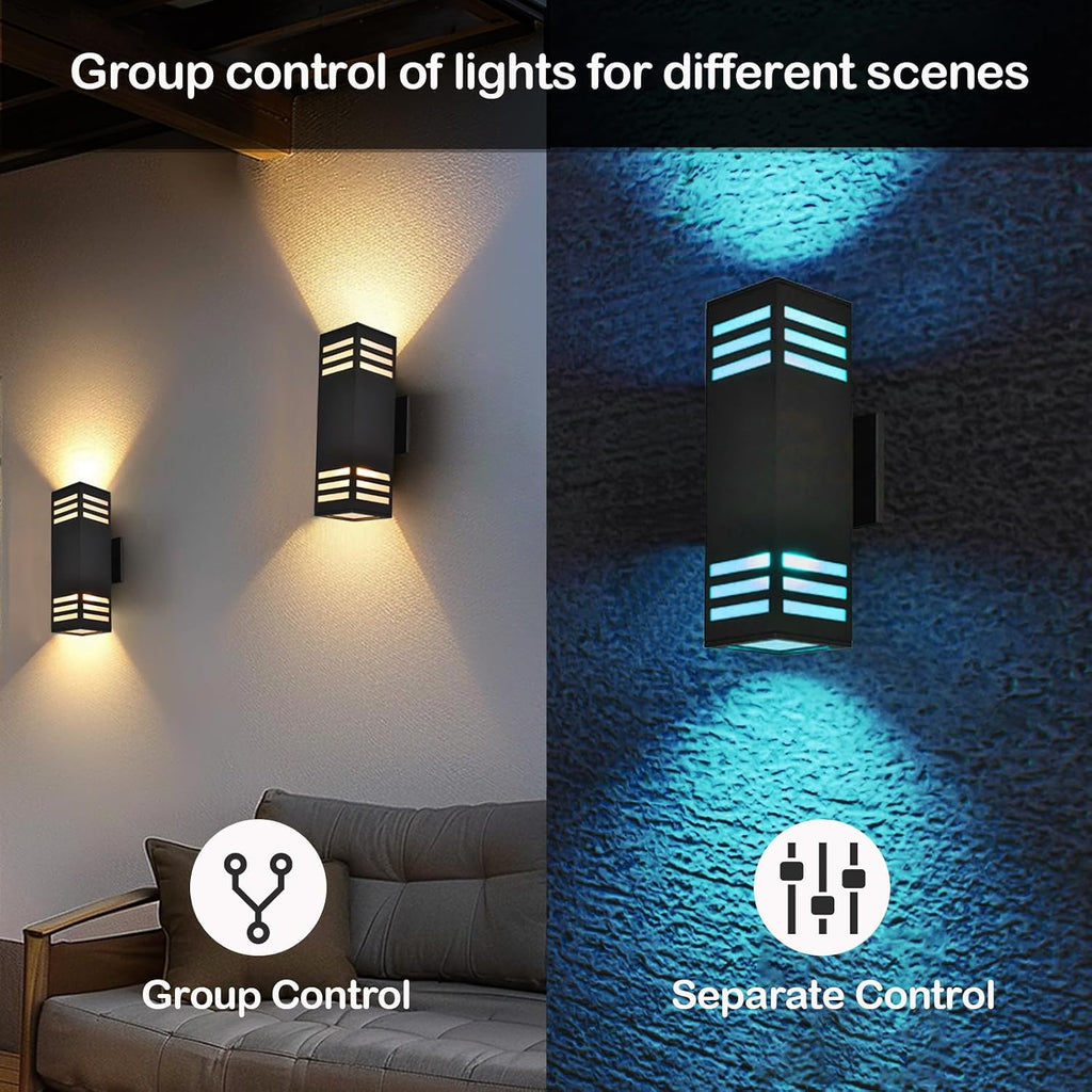 wowlite Up and Down Lights Outdoor Wall Sconce, 1200LM LED Outdoor Light Fixtures Wall Mount Exterior Lights for House, Smart RGBCW Black IP65 Waterproof Porch Lights Works with Remote and App Via Hub