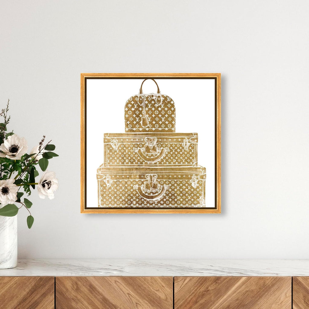 The Oliver Gal Artist Co. Fashion and Glam Framed Wall Art Canvas Prints 'Royal Bag and Luggage Gold Diecut' Travel Essentials, Model: 28278_16x16_Canv_PSGLD