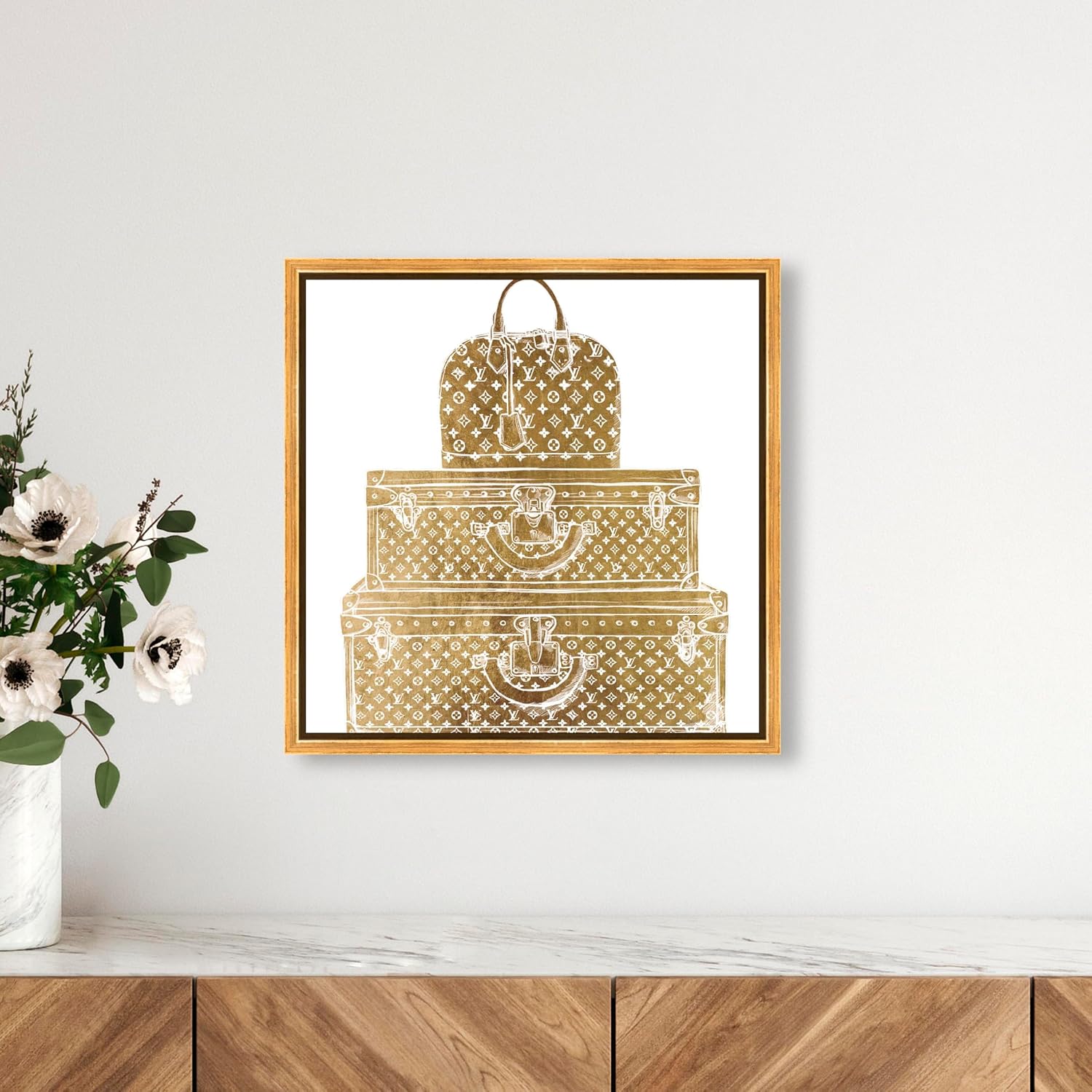 The Oliver Gal Artist Co. Fashion and Glam Framed Wall Art Canvas Prints 'Royal Bag and Luggage Gold Diecut' Travel Essentials, Model: 28278_16x16_Canv_PSGLD