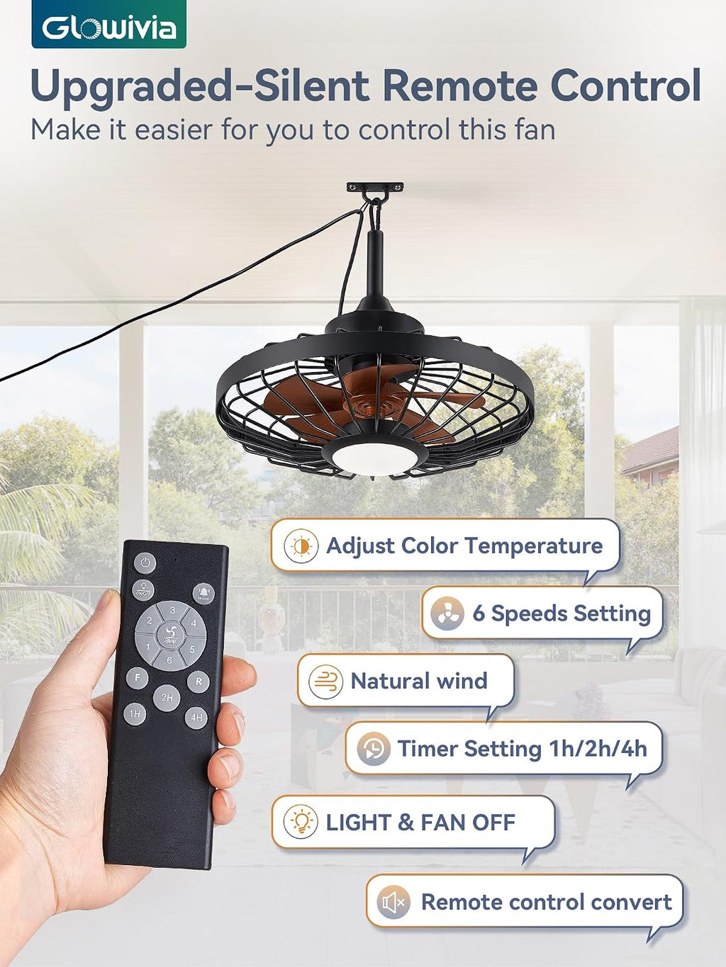 20 Inch Outdoor Ceiling Fan with Light and Remote - IP65 Waterproof, 3-Color LED (3000K-6000K), 16.5ft Cord, Hanging Hook - Black - for Patio, Gazebo, Porch