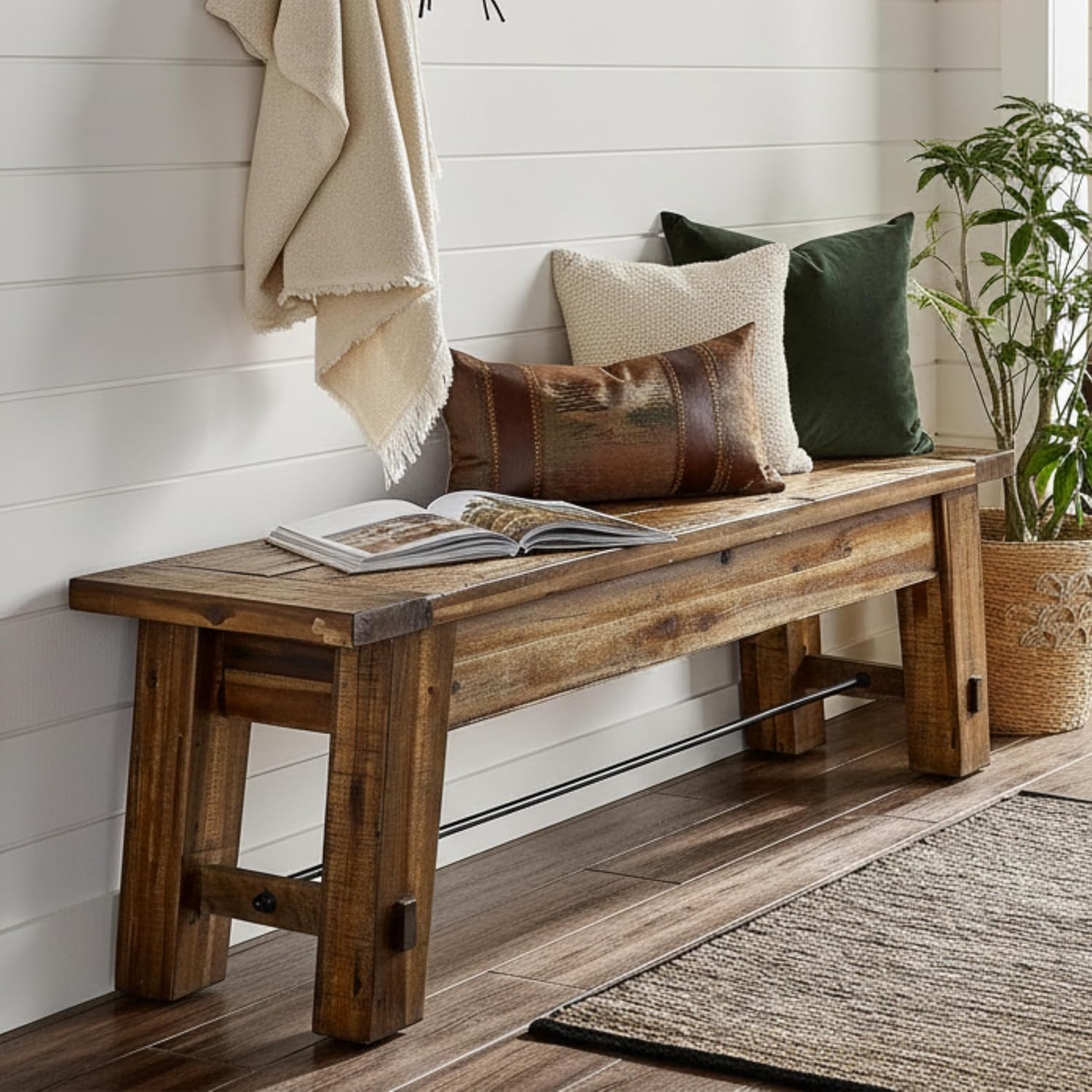 Alaterre Furniture Durango 60 Inch Solid Wood Entryway Organizer - Modern Farmhouse Bench with Metal Accent Bar for Entryway, Dining Room, Kitchen, or Bedroom (Natural)