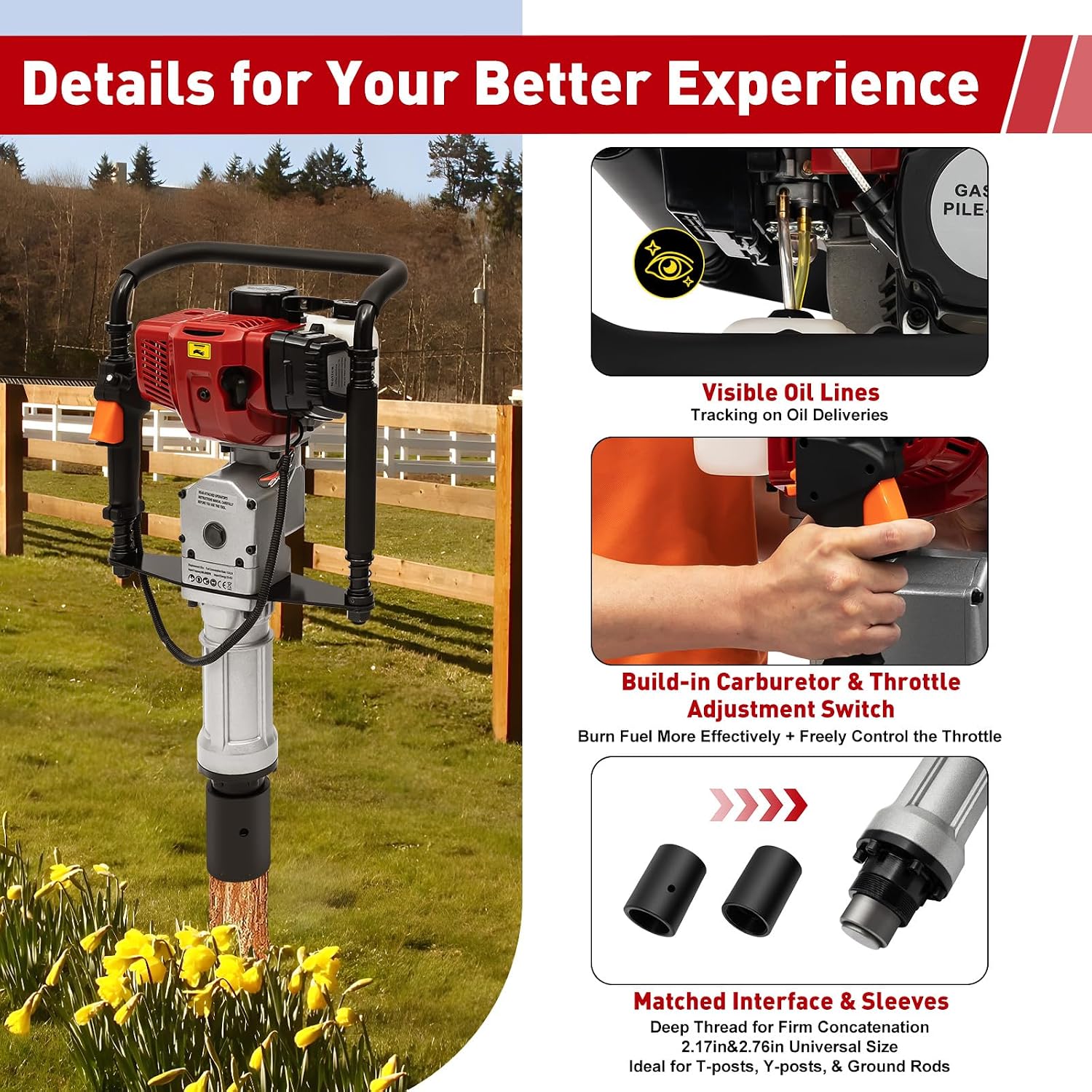 52CC 2 Stroke Gas Powered T-Post Driver, 1900W Gas Post Pounder Pile Driver, Single Cylinder Air Cooled Fence Post Driver Hammer with Hand Pull Start & 0.26 Gal Fuel Tank for Gardening Road Fencing