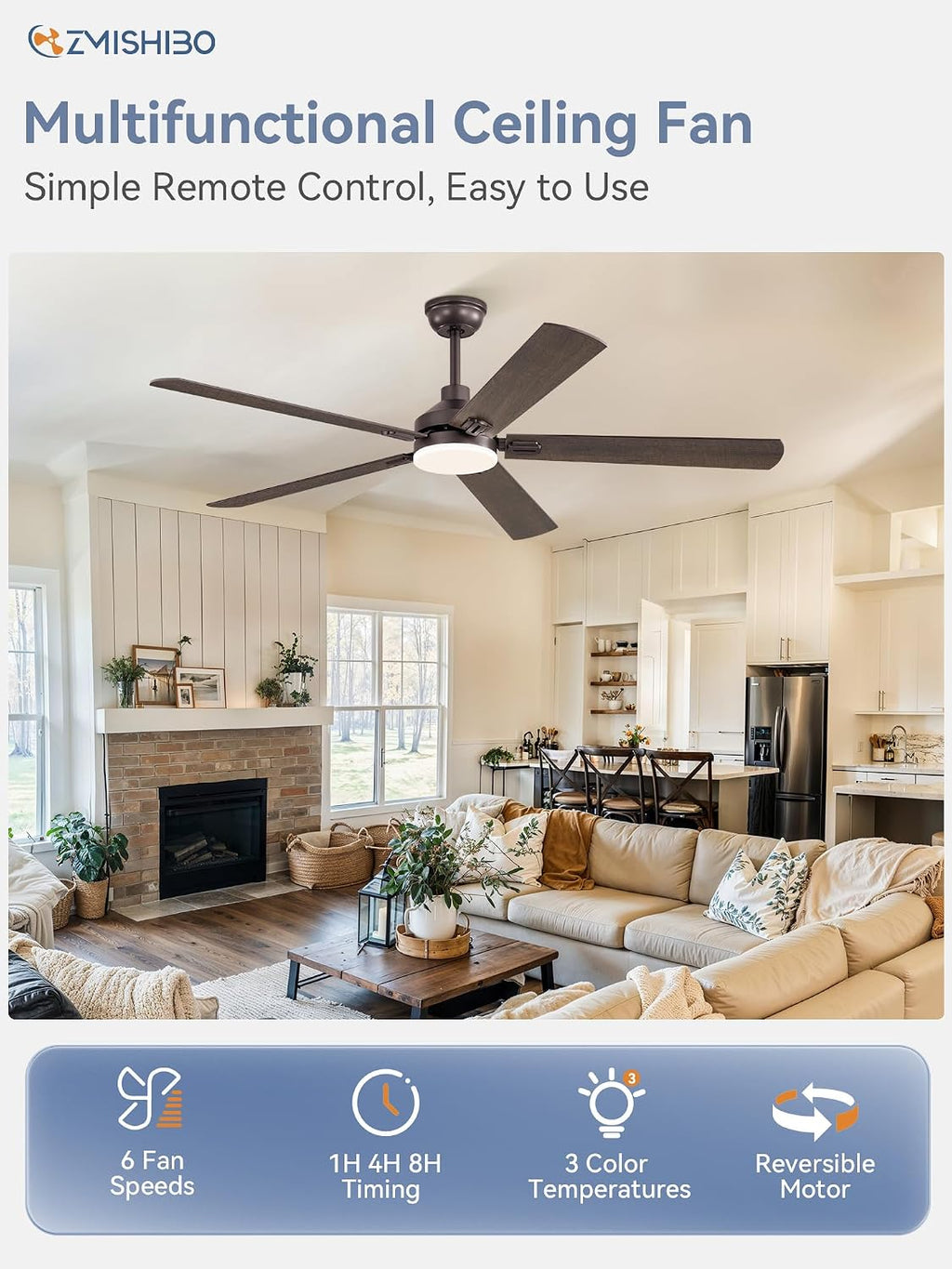 ZMISHIBO 60' Ceiling Fans with Lights, Oil Bronze Farmhouse Ceiling Fan with Remote, Rustic Indoor Ceiling Fan with Dual Finish Blades, Quiet & Strong Motor, Bright LED Light.