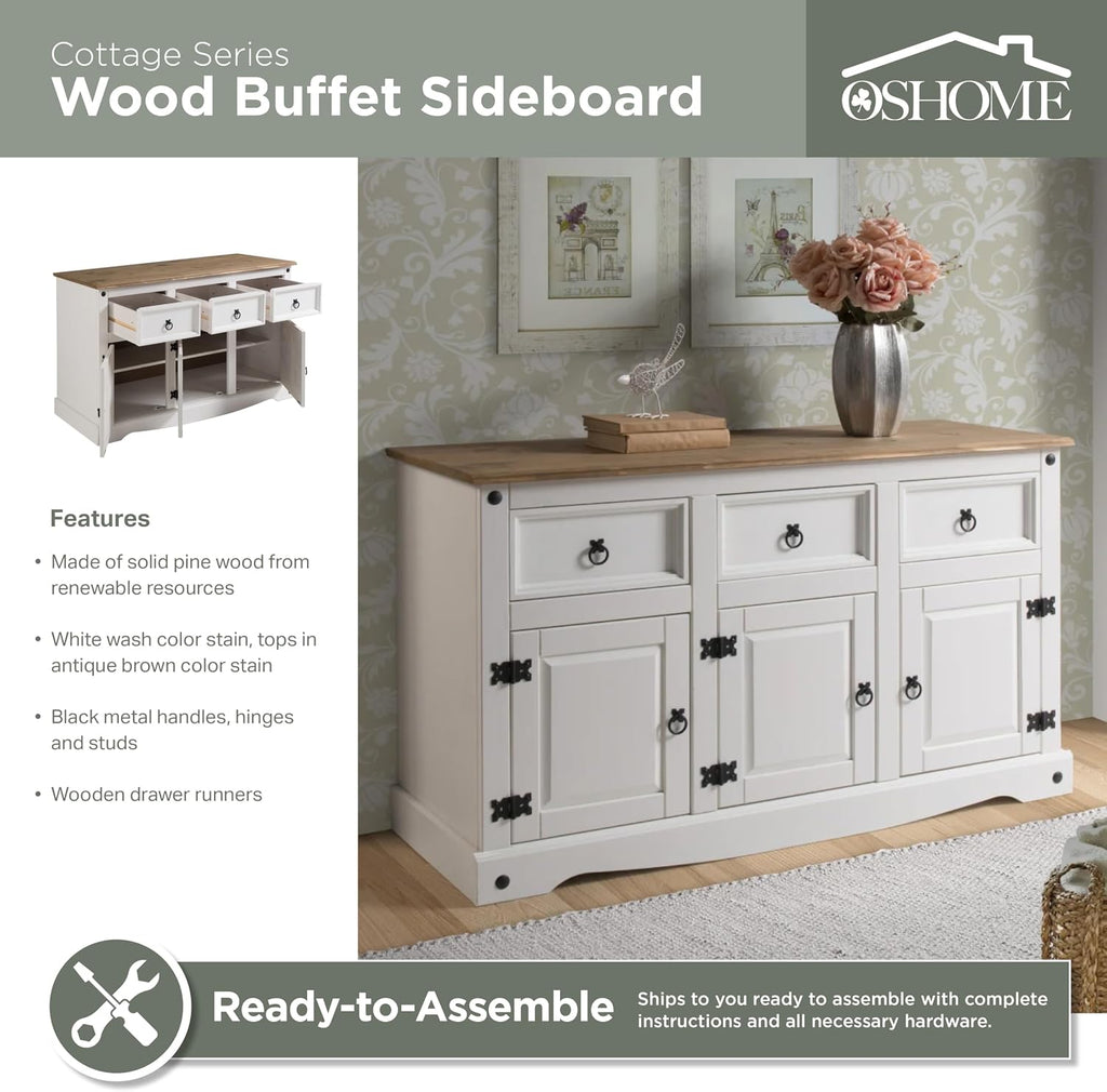 OS Home and Office Furniture Cottage Series Wood Buffet Sideboard in White