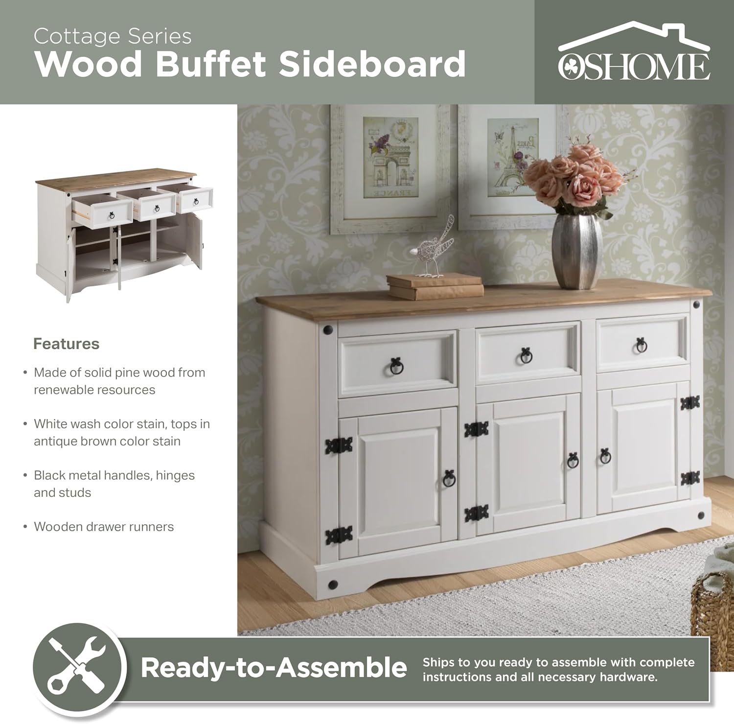 OS Home and Office Furniture Cottage Series Wood Buffet Sideboard in White