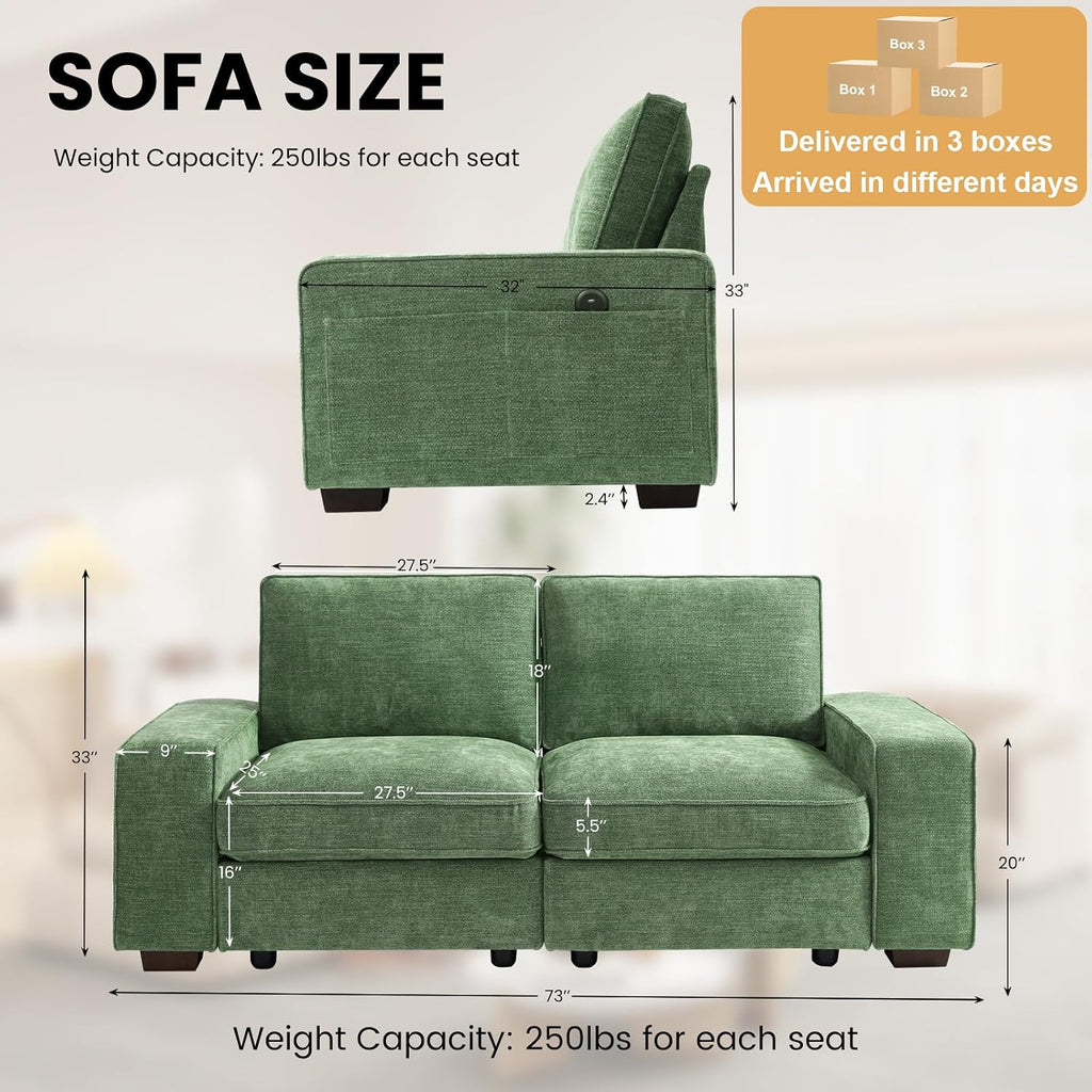 TEKAMON 73' Modular Sofa Couch with Seat Storage, Comfy 2-Seater Chenille Fabric Loveseat Sofa for Living Room, Office, Apartment W/Deep Seat, Wide Armrest, USB Charing Removable Cover(Green)