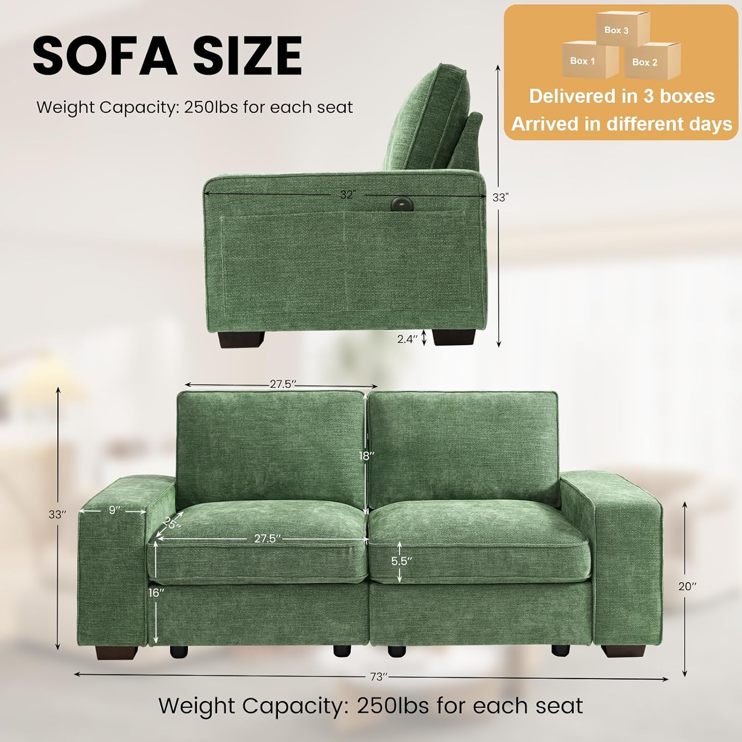 TEKAMON 73' Modular Sofa Couch with Seat Storage, Comfy 2-Seater Chenille Fabric Loveseat Sofa for Living Room, Office, Apartment W/Deep Seat, Wide Armrest, USB Charing Removable Cover(Green)