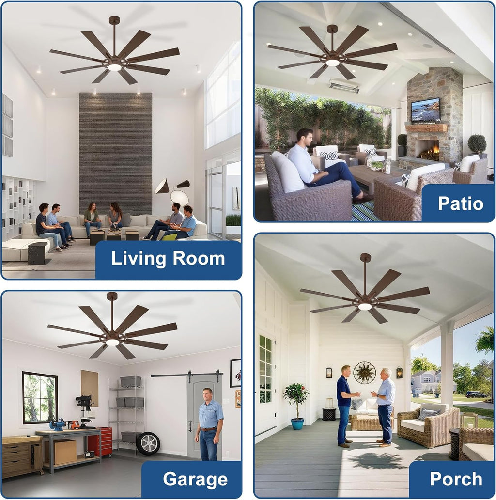 Large Ceiling Fans with Lights: Modern 66 Inch 8 Blade Outdoor Ceiling Fan with Remote APP Control - Dimmable Brown Big Fan light Indoor Reversible 6 Speed Quiet DC Motor