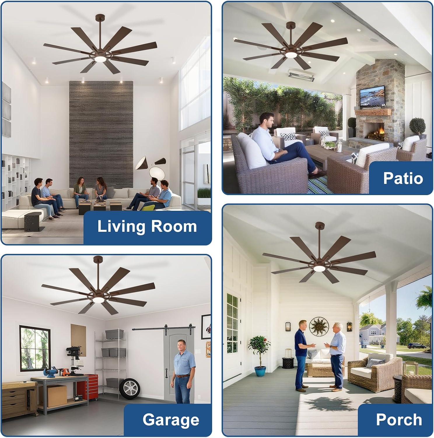 Large Ceiling Fans with Lights: Modern 66 Inch 8 Blade Outdoor Ceiling Fan with Remote APP Control - Dimmable Brown Big Fan light Indoor Reversible 6 Speed Quiet DC Motor