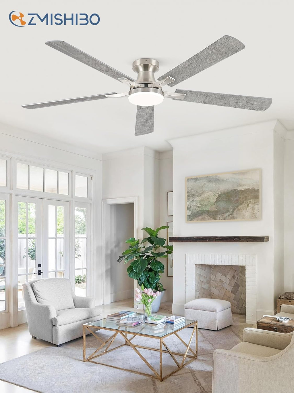 ZMISHIBO 60 Inch Ceiling Fan with Light, App&Remote Control, Flush Mount Low Profile, Dimmable 20W LED Light, Quiet Reversible Motor for Bedroom, Living Room, Apartment, Nickel