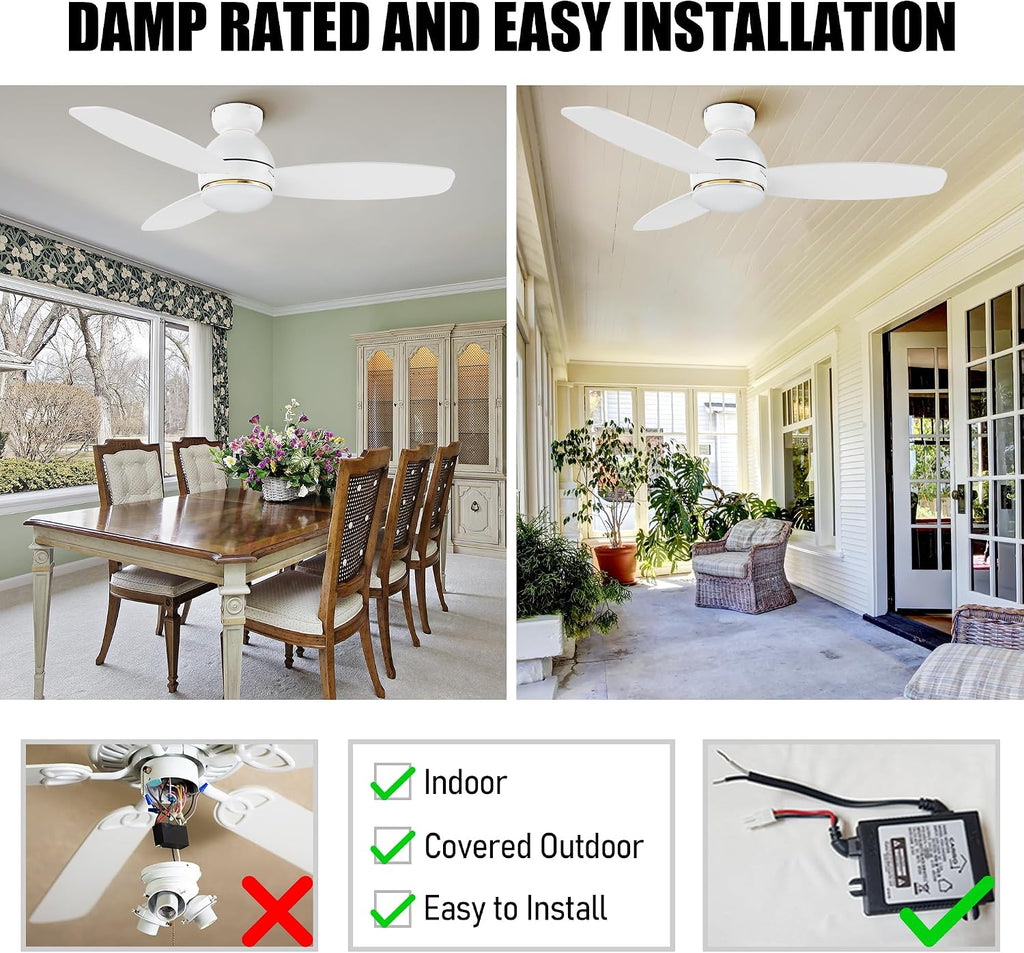 CEME 48' Ceiling Fan with Light Flush Mount, DC 10 Speeds Outdoor Ceiling Fan with Remote, 3 Light Colors Dimmable LED， Compatible with Alexa, Siri & Google Home, White
