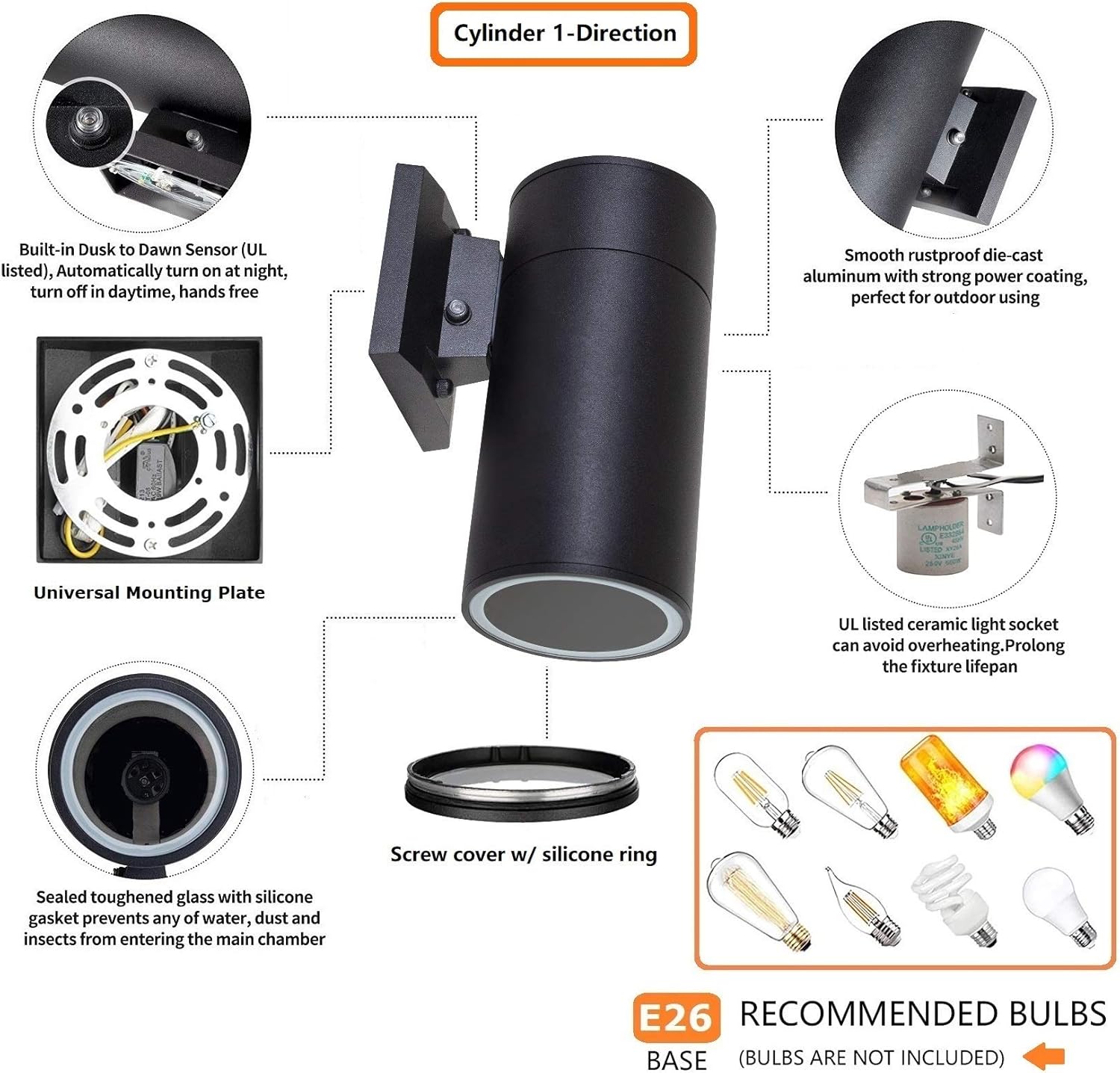 Dusk to Dawn Outdoor Lighting, Exterior Lights -ETL Listed, Aluminum Anti-Rust Waterproof Wall Mount Cylinder Design, 1-Direction Up or Down Light Fixture for Porch,Patio or Garage (3 Pack)