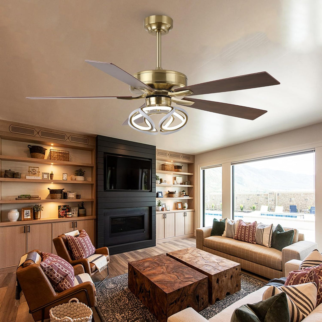 52 Inch Gold Ceiling Fan with Lights and Remote/APP, RGB Color Changing LED Ceiling Fan, Modern White & Gold Ceiling Fan for Living Room Bedroom, 3CCT, 6 Speeds, Indoor Luxury Ceiling Fan