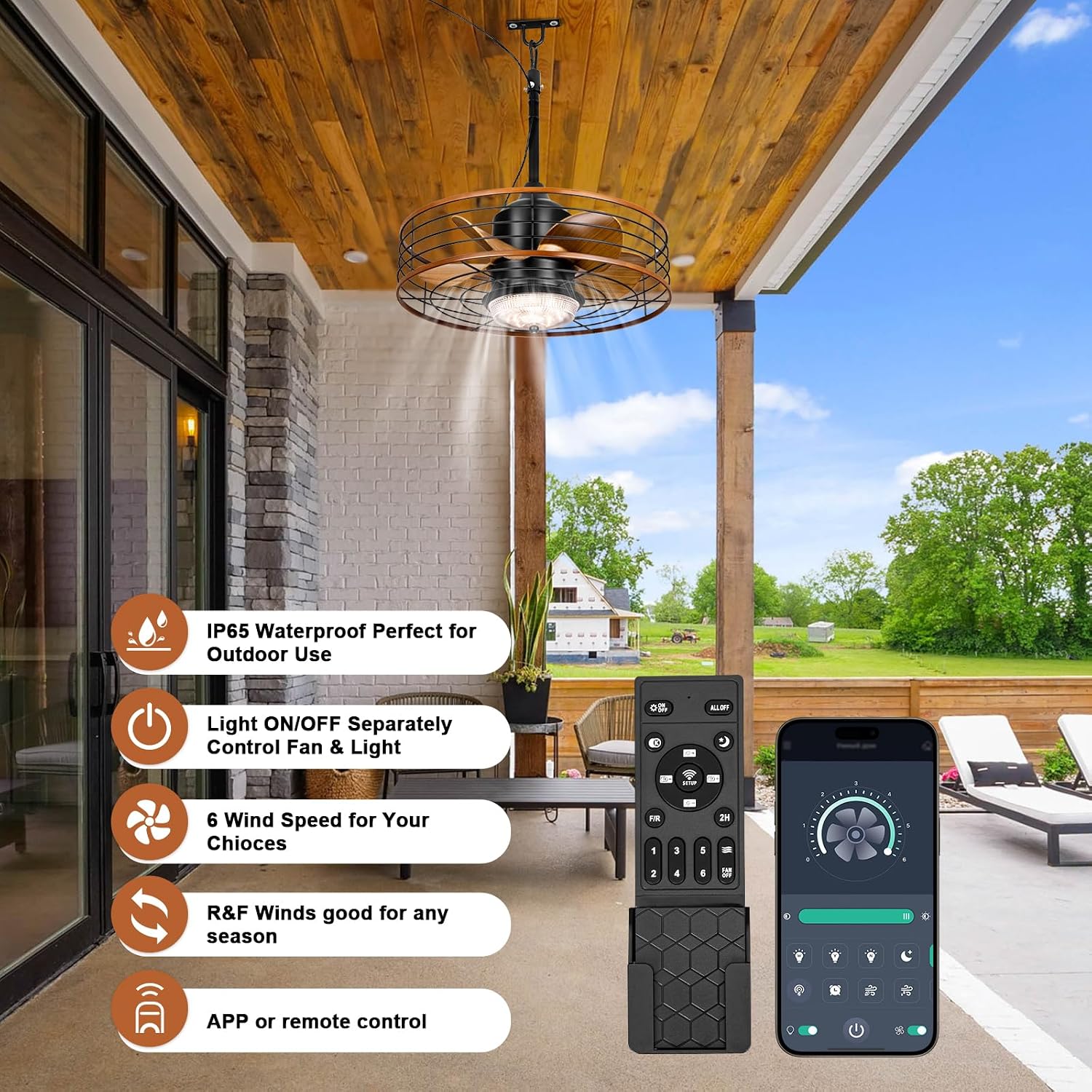 Waterproof Outdoor Ceiling Fan with Light 20' Caged Outdodor Gazebo Fan Hanging with Plug-in Cord, Dimmable LED, Remote APP Control, 6 Speeds for Patios Pergola Porch (Brown)