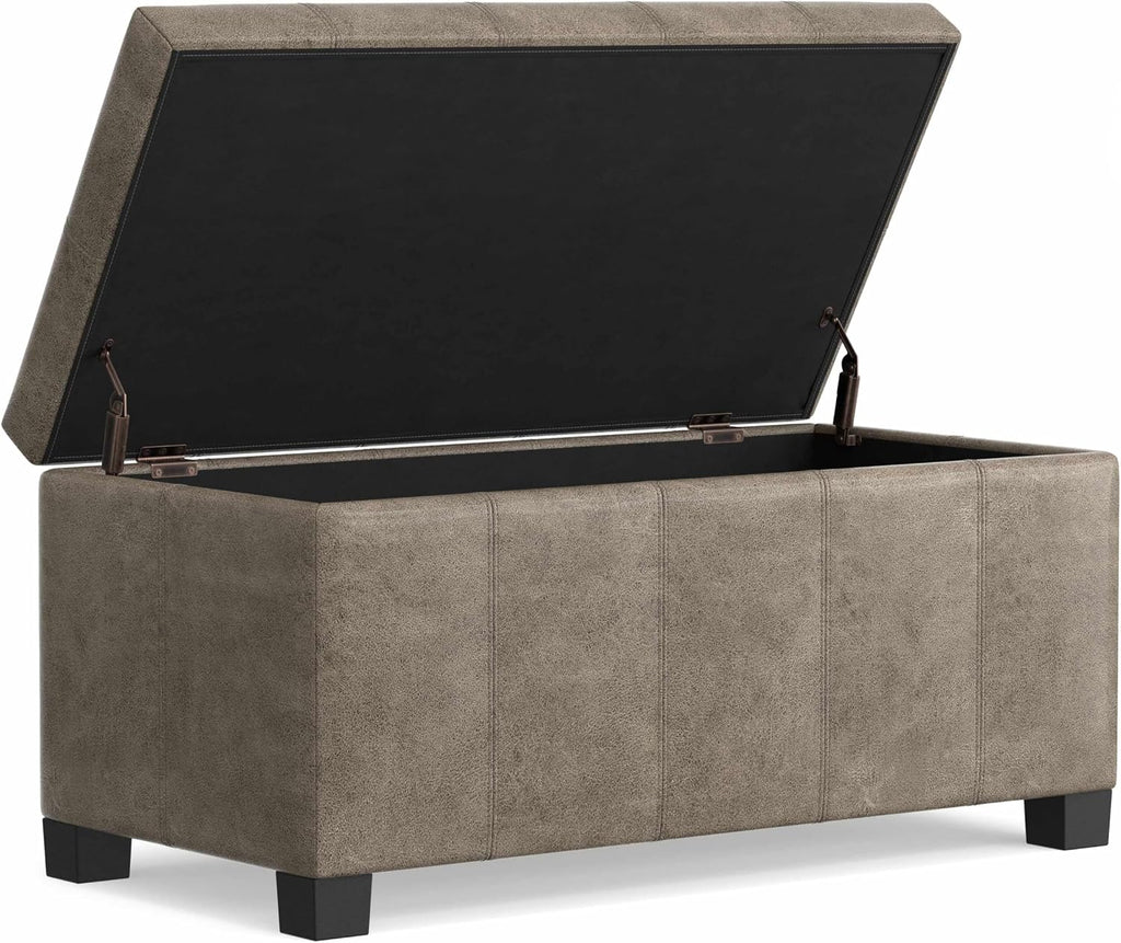 SIMPLIHOME Dover Storage Ottoman Bench - 36 inch Wide Upholstered Vegan Leather Rectangular Lift-Top Ottoman in Distressed Smoky Grey Brown, Contemporary Bench for Living Room with Safety Hinges