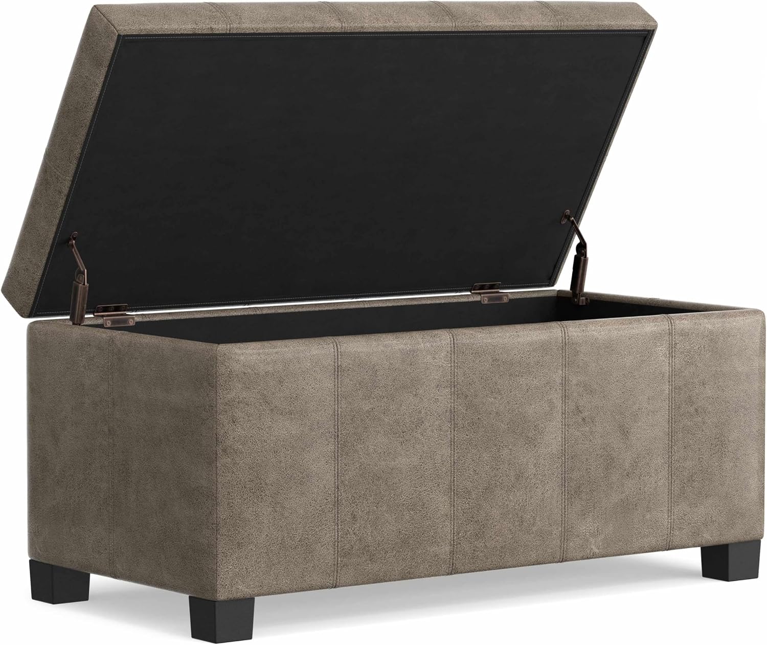 SIMPLIHOME Dover Storage Ottoman Bench - 36 inch Wide Upholstered Vegan Leather Rectangular Lift-Top Ottoman in Distressed Smoky Grey Brown, Contemporary Bench for Living Room with Safety Hinges